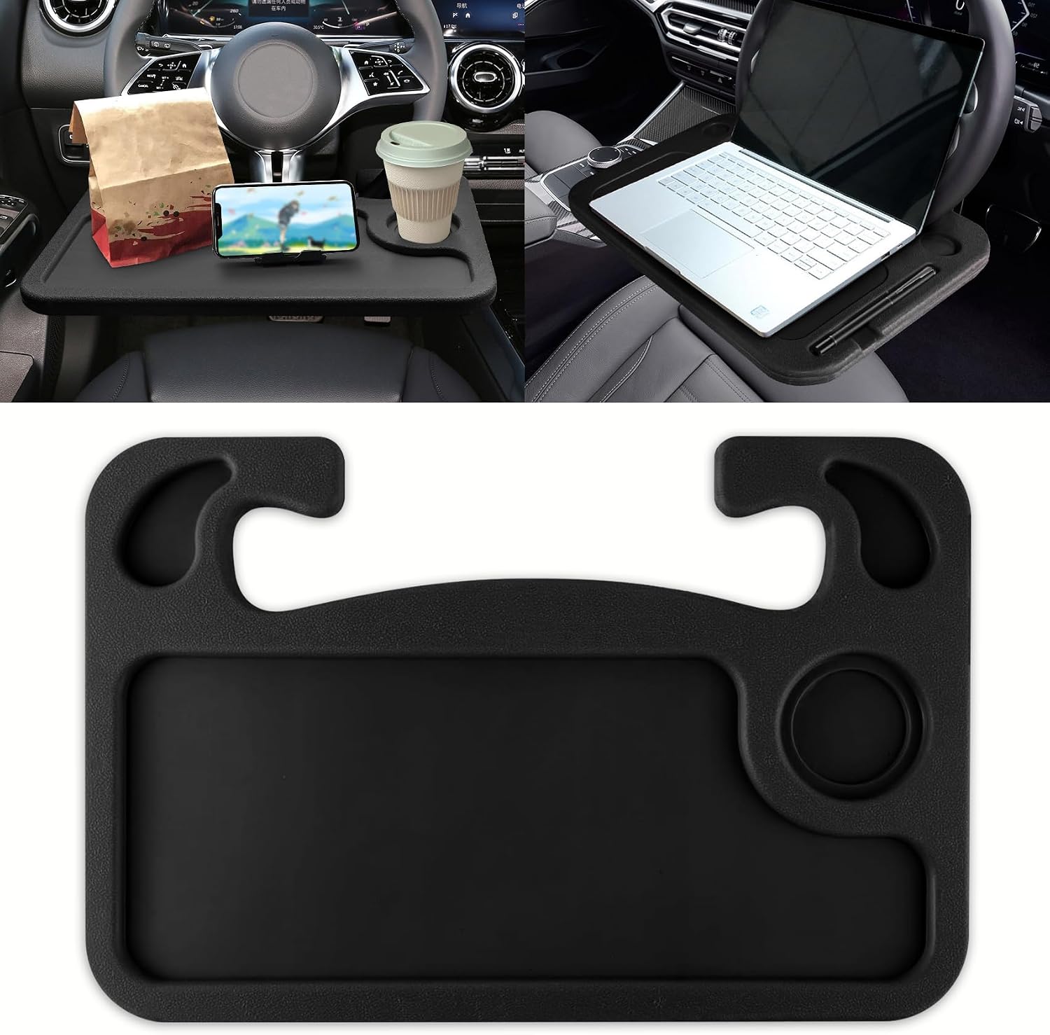 Car Steering Wheel Desk, Steering Wheel Tray, Computer Office Car Table Tray, Travel Car Accessories Multipurpose Auto Travel Table with Food Hook and Eating Tray for Most Vehicles (Black)