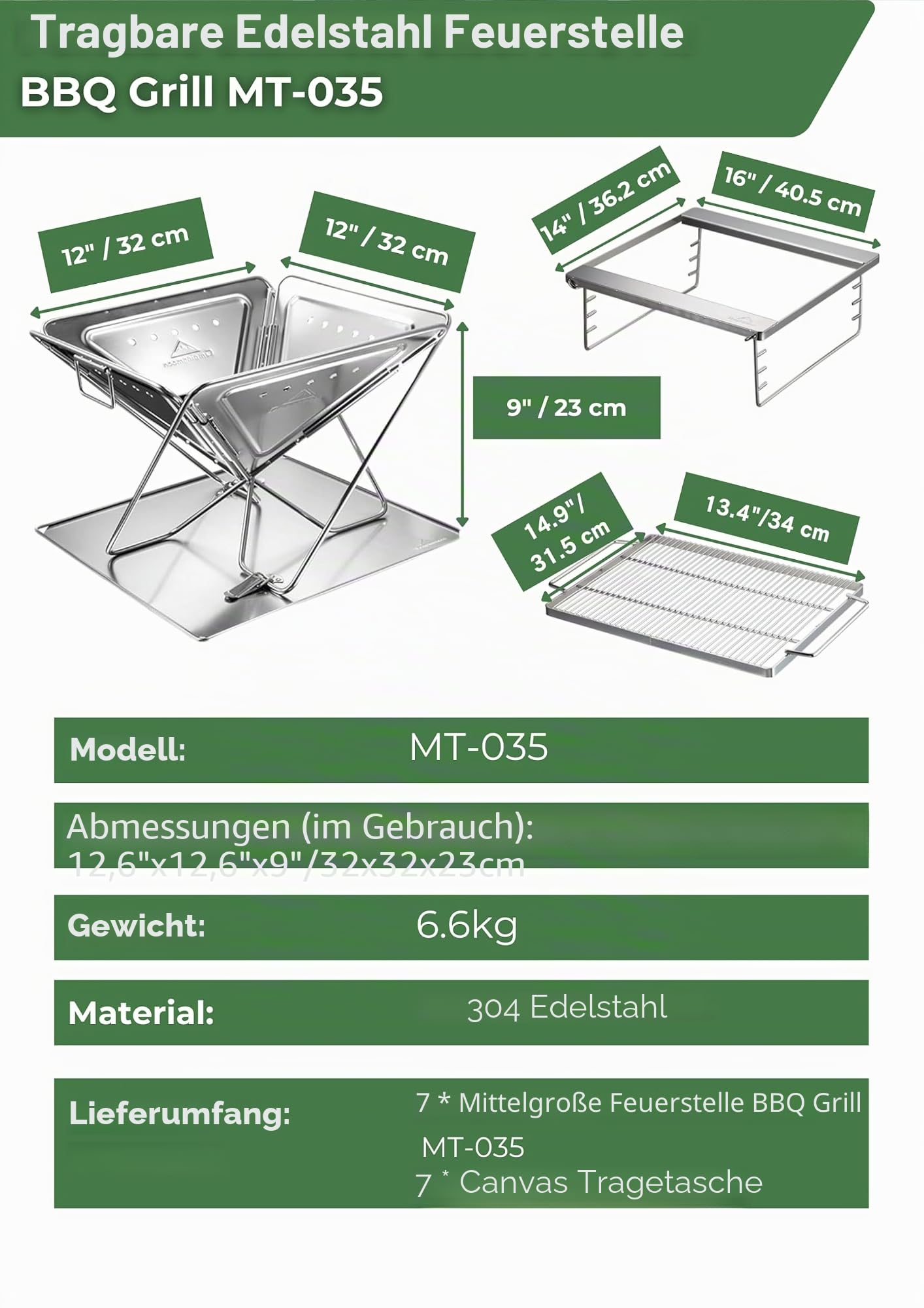CAMPINGMOON 3-in-1 tragbarer Holzgrill und Feuerstelle aus Edelstahl, 35,6 x 39 cm, mit Tragetasche MT-035