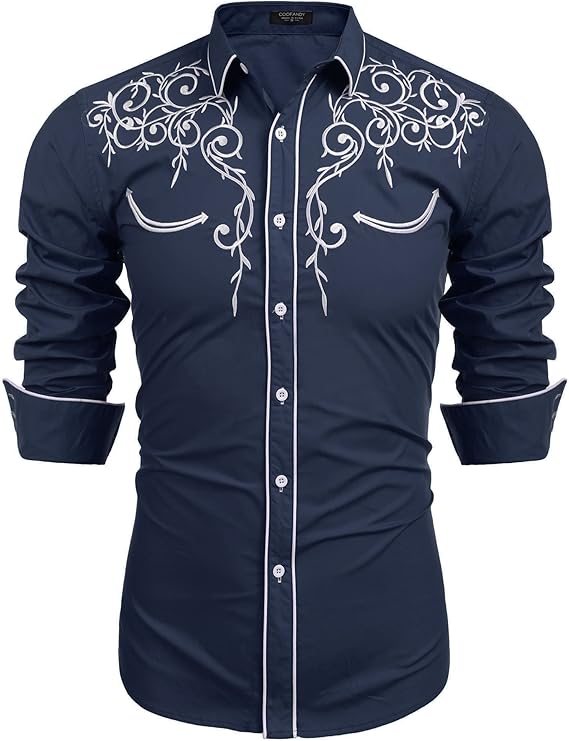 COOFANDY Men's Long Sleeve Embroidered Shirt Slim Fit Casual Button