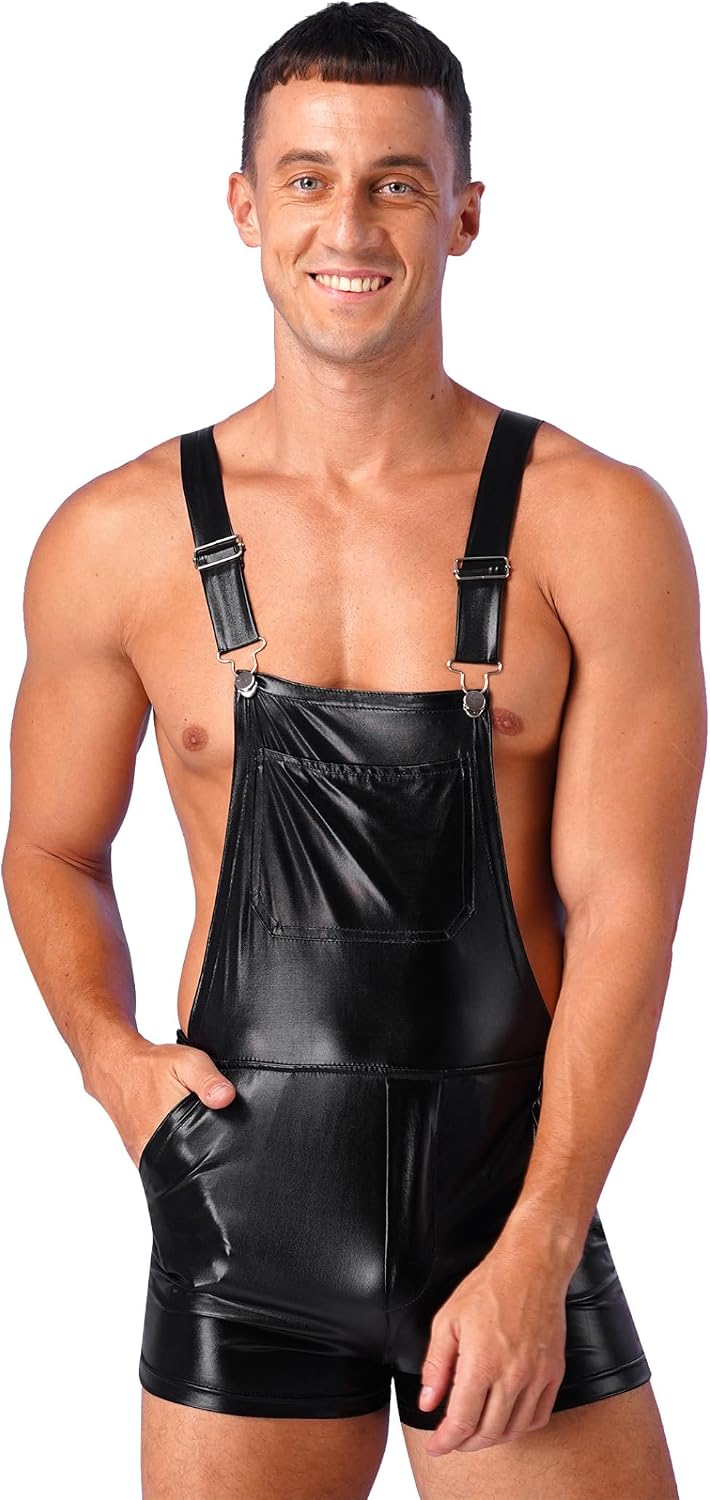 Men's Shiny Metallic Adjustable Shoulder Straps Bib Overall Suspender Shorts Festival Party Wear