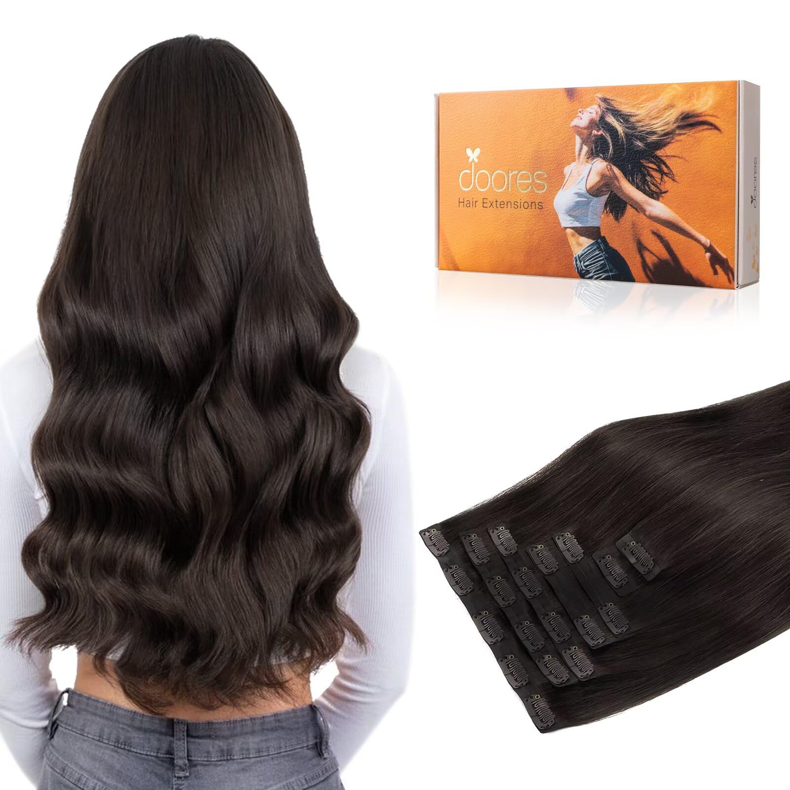 DOORES Clip in Extensions Eechthaar, Dunkel Braun Haarverlängerung Echthaar, 9 Stück 35cm 130g, Clip in Extensions Eechthaar