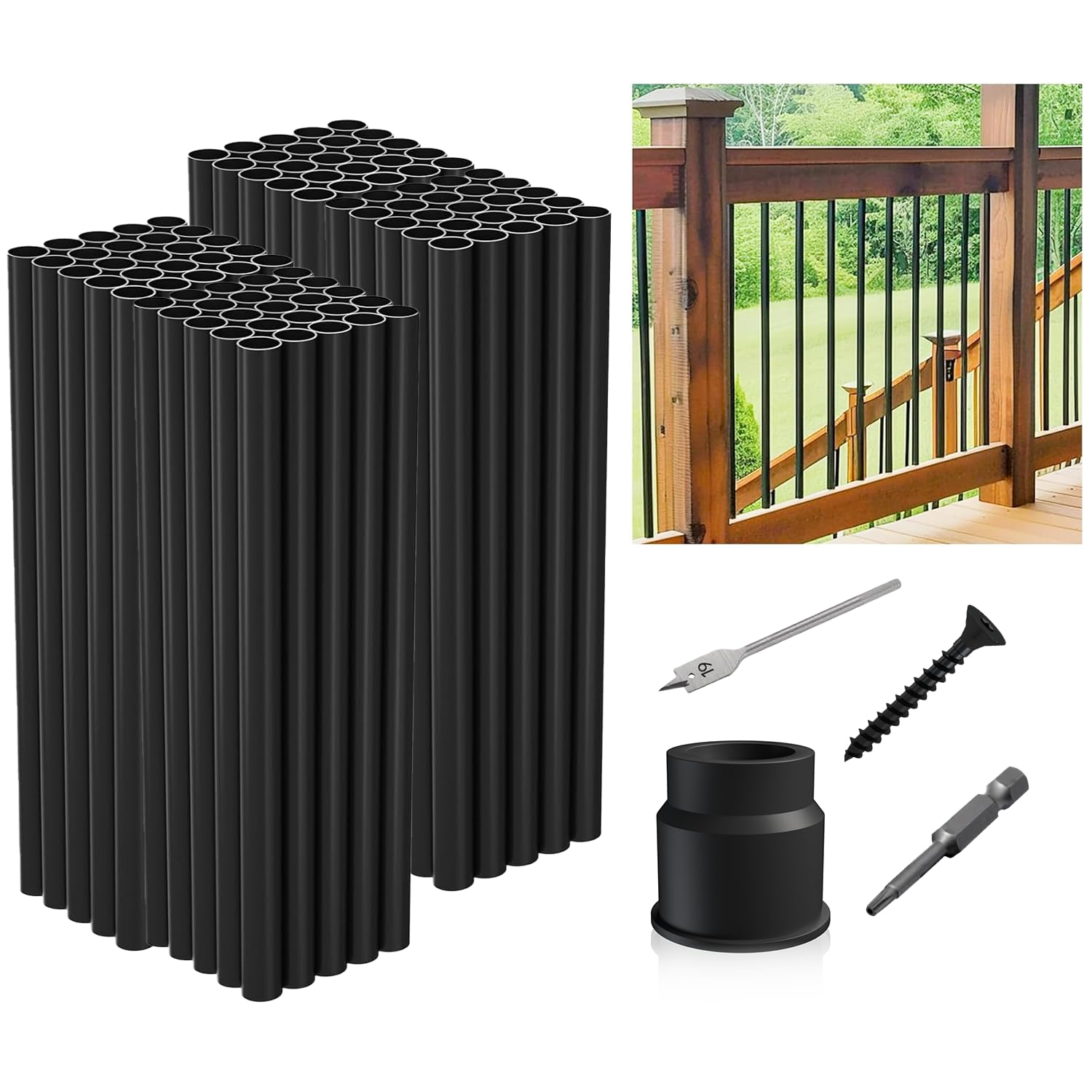 26"-100Pack Aluminum Deck Balusters Hollow Round Deck Railing Spindles Matte Coated Black for Wood and Composite Deck Indoor Outdoor
