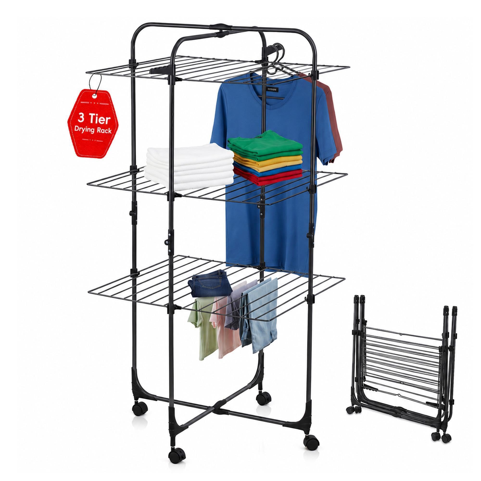 FB FunkyBuys 3 Tier Clothes Drying Rack – Foldable Laundry Clothes Airer Indoor & Outdoor - Sturdy Steel Frame Clothes Horse - Movable, Space-Saving Clothes Dryer for Towels or Storage (Black)
