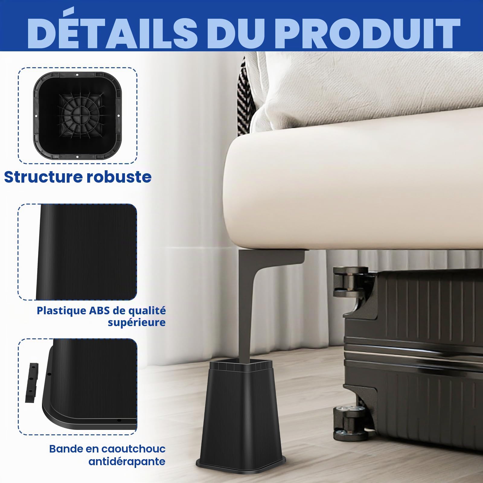 Lot de 4 rehausseurs carrés robustes de 20,3 cm pour lit, canapé, table, canapé - Noir (20,3 cm)