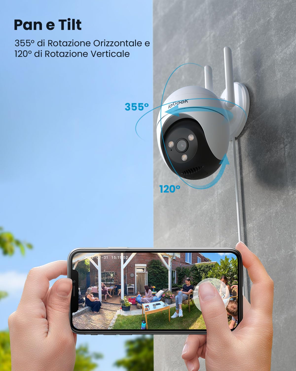 ieGeek Telecamera Wi-Fi Esterno 5MP 360°PTZ, WiFi 2,4/5 GHz | Visione Notturna a Colori 15m Videocamera Sorveglianza WiFi,Rilevamento Umano PIR e Allarme Sonoro e Luminoso, Alexa ZS-QG4
