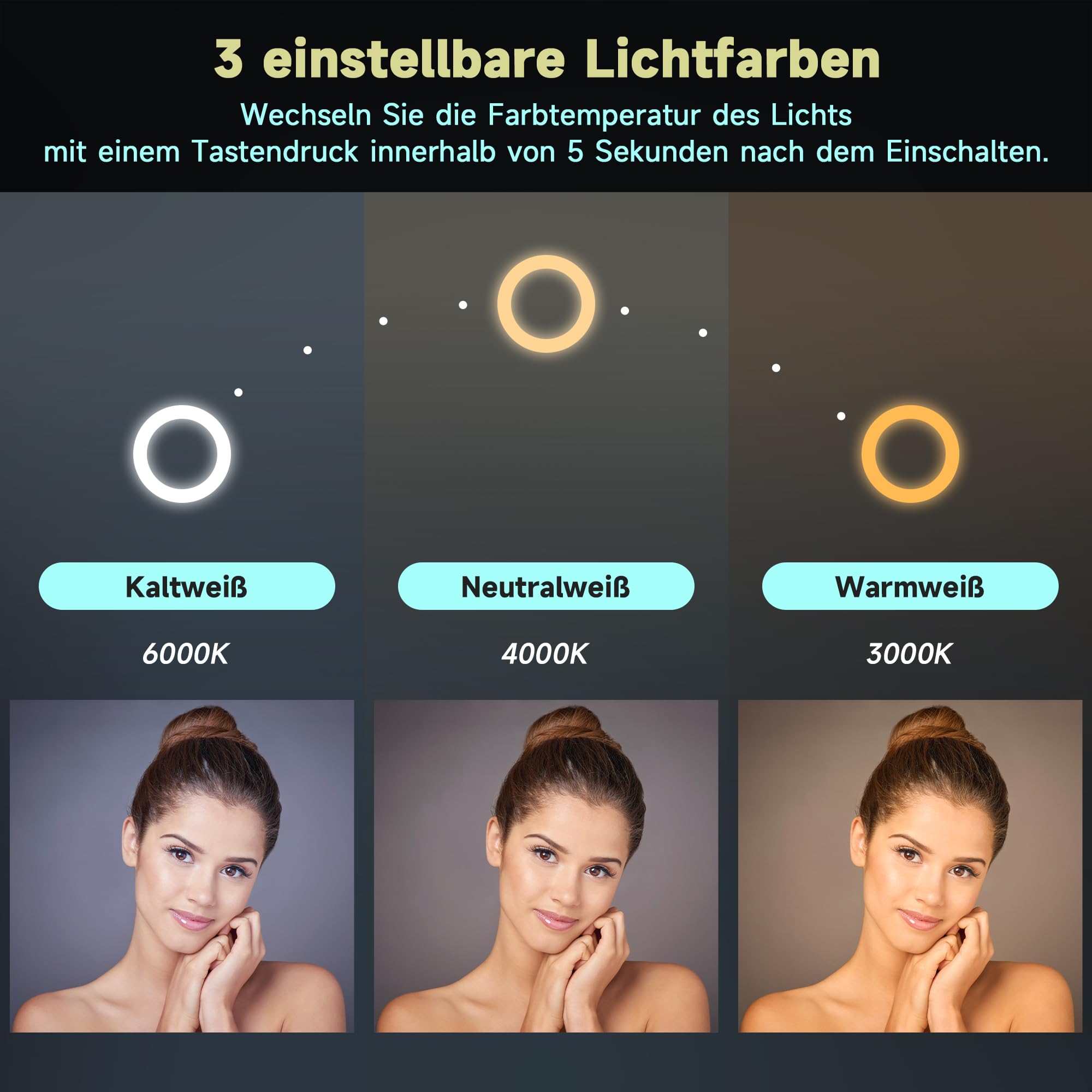 SONNI LED Badspiegel Rund 60cm – Wandspiegel mit Beleuchtung, 3 Farbtemperaturen, Dimmbar, Anti-Beschlag, Memory-Funktion, IP44