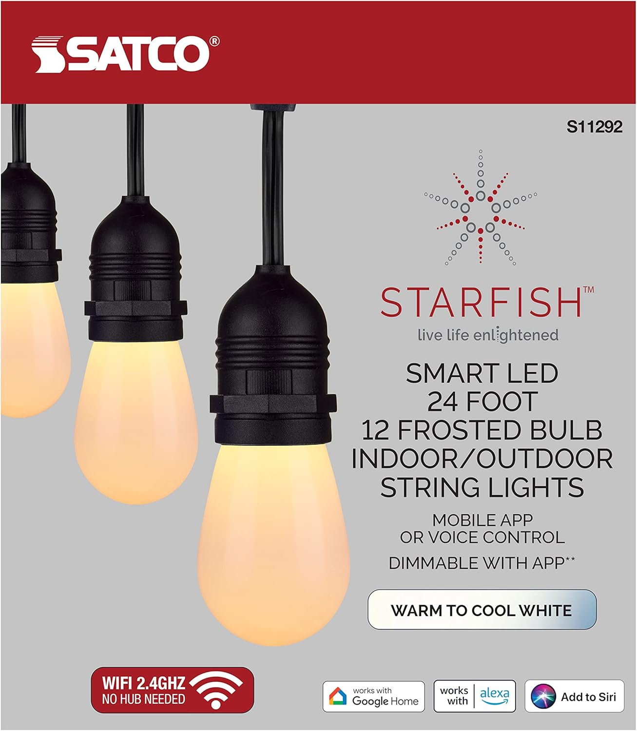 Starfish S11292 WiFi Smart LED Indoor/Outdoor String Lights, Tunable White, 24 Feet
