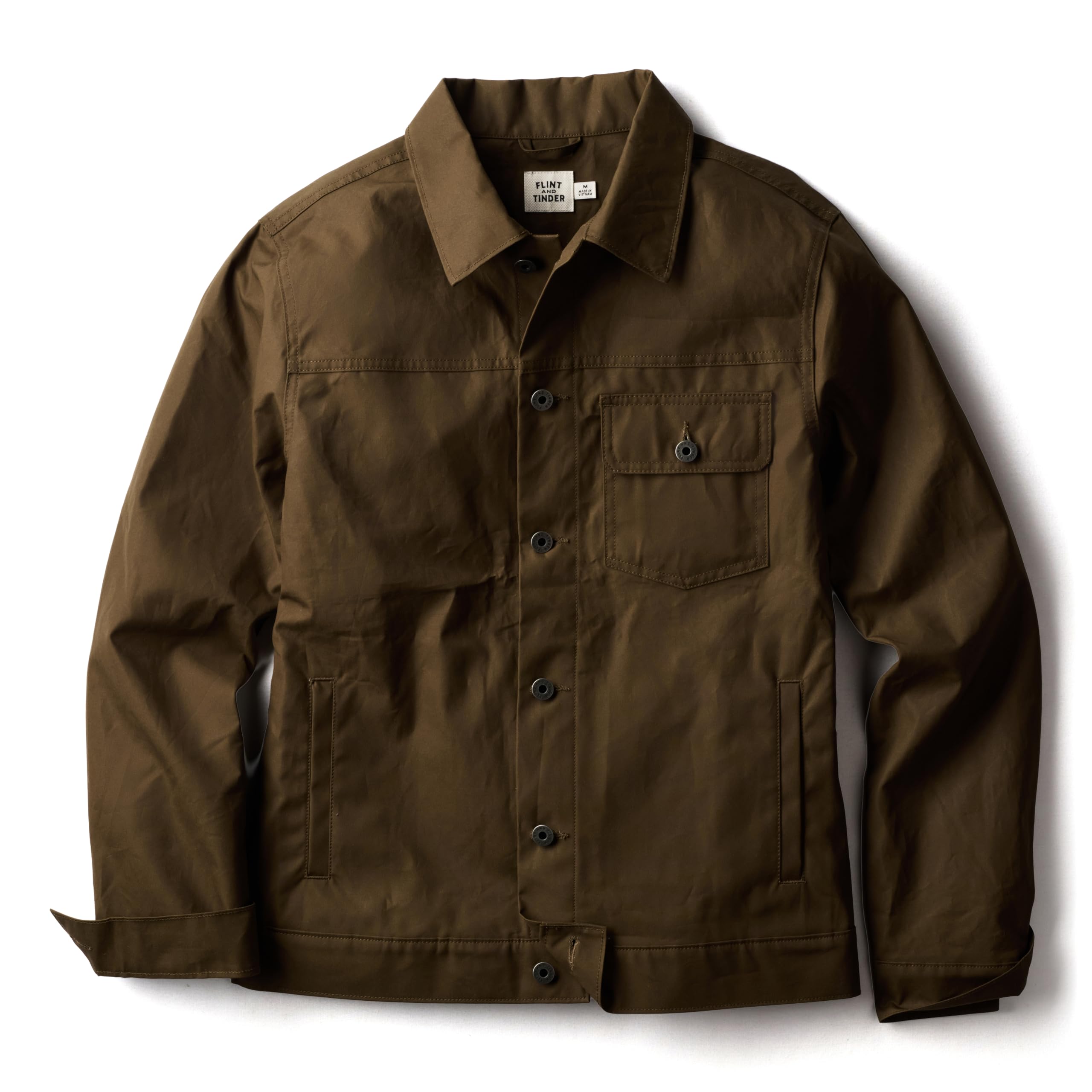 Photo 1 of Huckberry Flint and Tinder Dry Wax Trucker Jacket, Unlined Mens Lightweight Cotton Jacket (US, Alpha, Medium, Regular, Regular, Fatigue Green)
