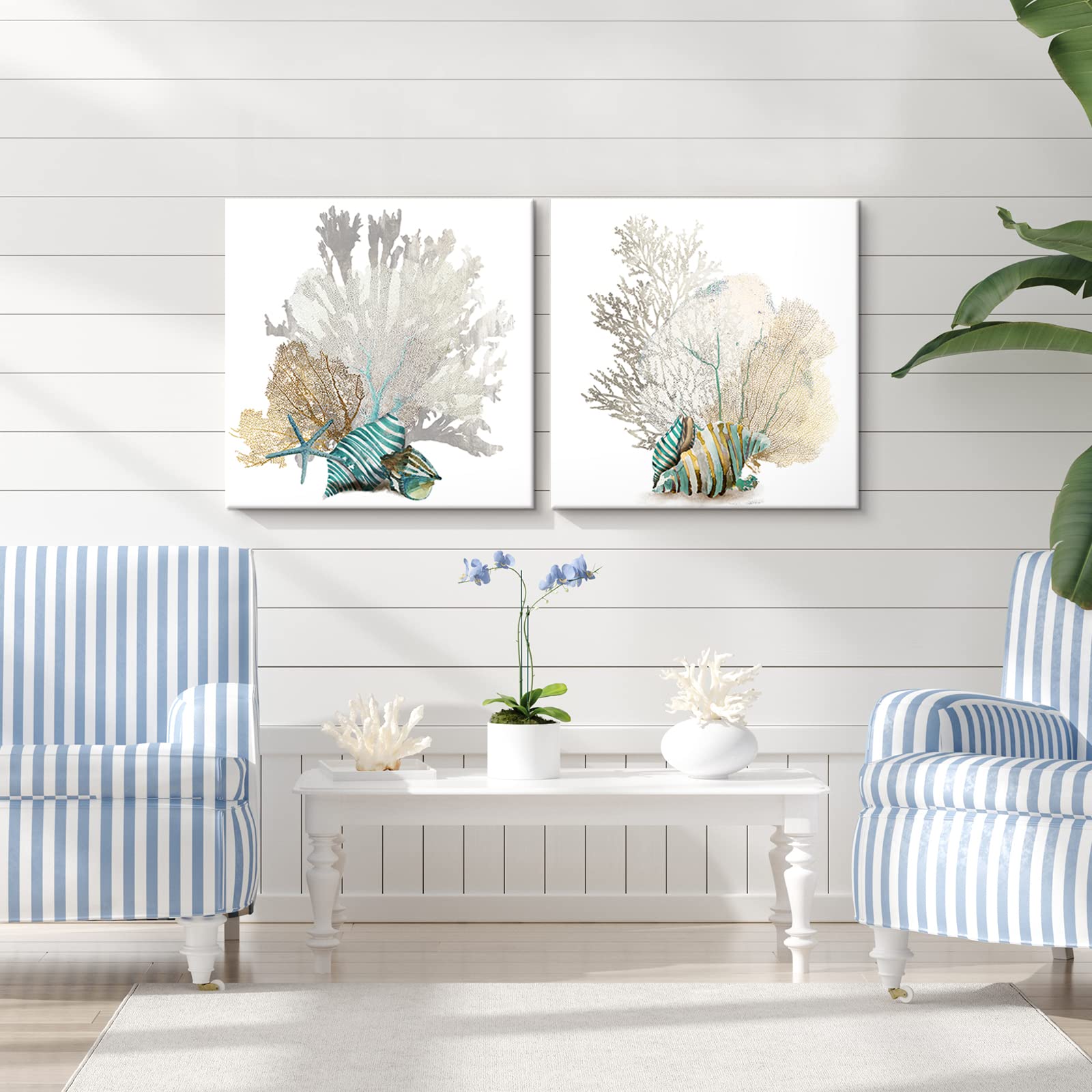 JAPO ART White Coral Wall Art Modern Teal Seashell Beach Prints Sea Fan corals Painting Artwork