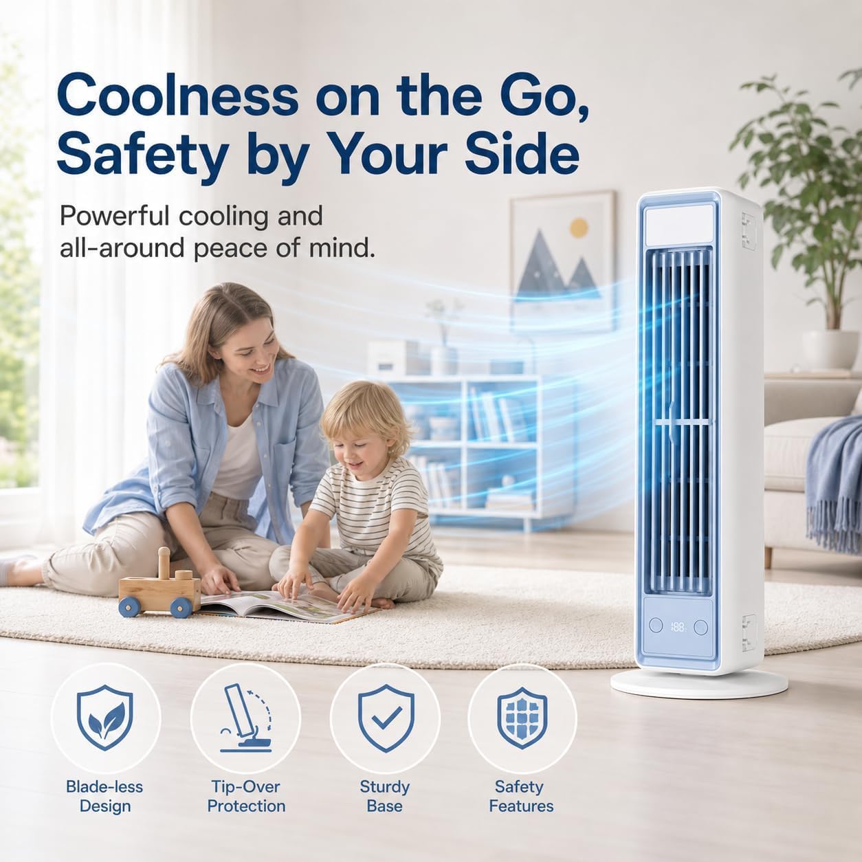 Tragbare Klimaanlage für Schlafzimmer,Luftkühler Wasserkühlung Geräuscharm | Mobiler Luftkühler,Ventilator ohne Flügel mit Nachtmodus,5 Geschwindigkeiten,Zuhause,Wohnbereich,Büro (blau)