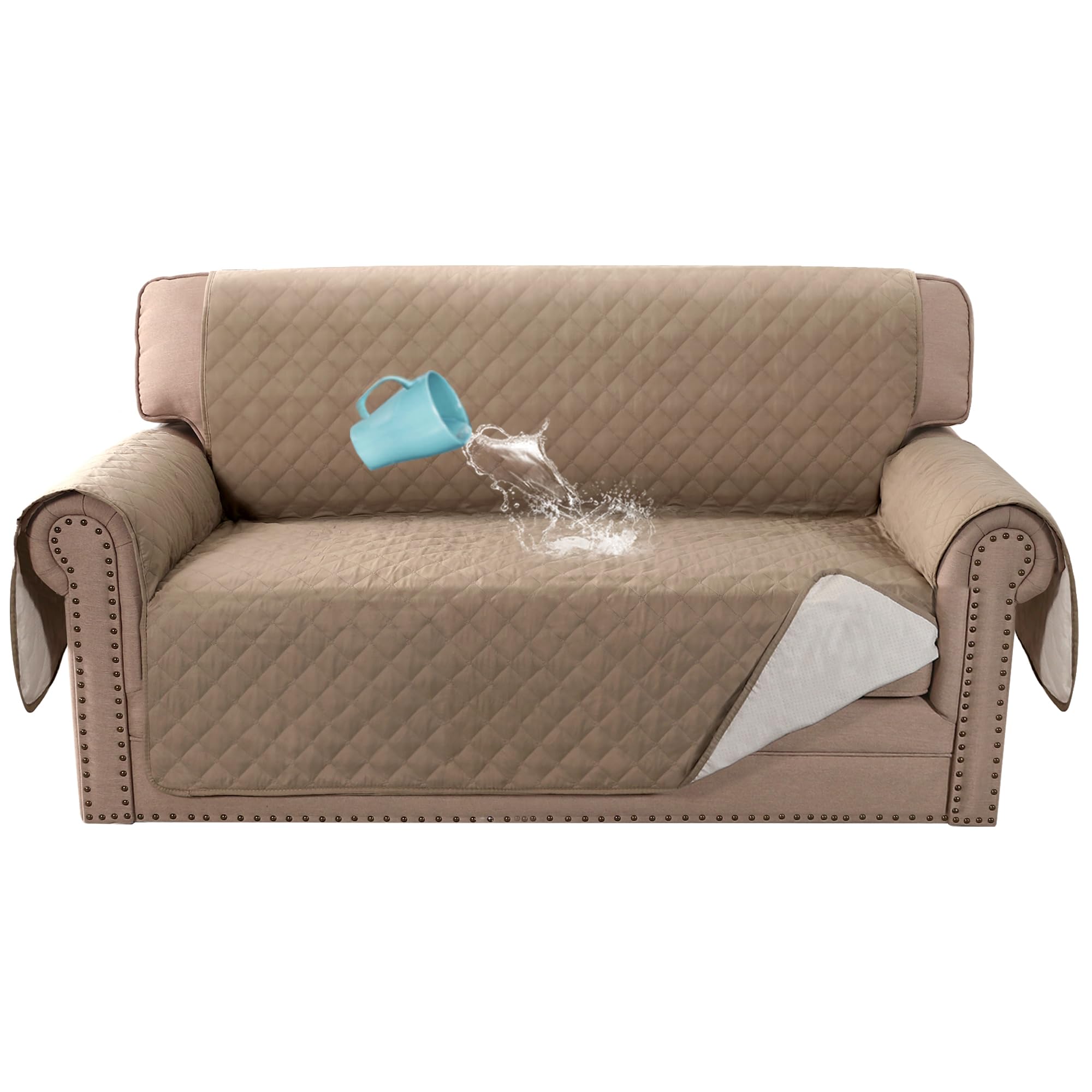 Bellahills Khaki Sofa Cover 100% Waterproof Sofa Covers 2 Seater Couch Covers Sofa Slipcovers With Elastic Straps Triple Non-Slip Loveseat Sofa Cover Furniture Protector For Kids (Loveseat 54", )