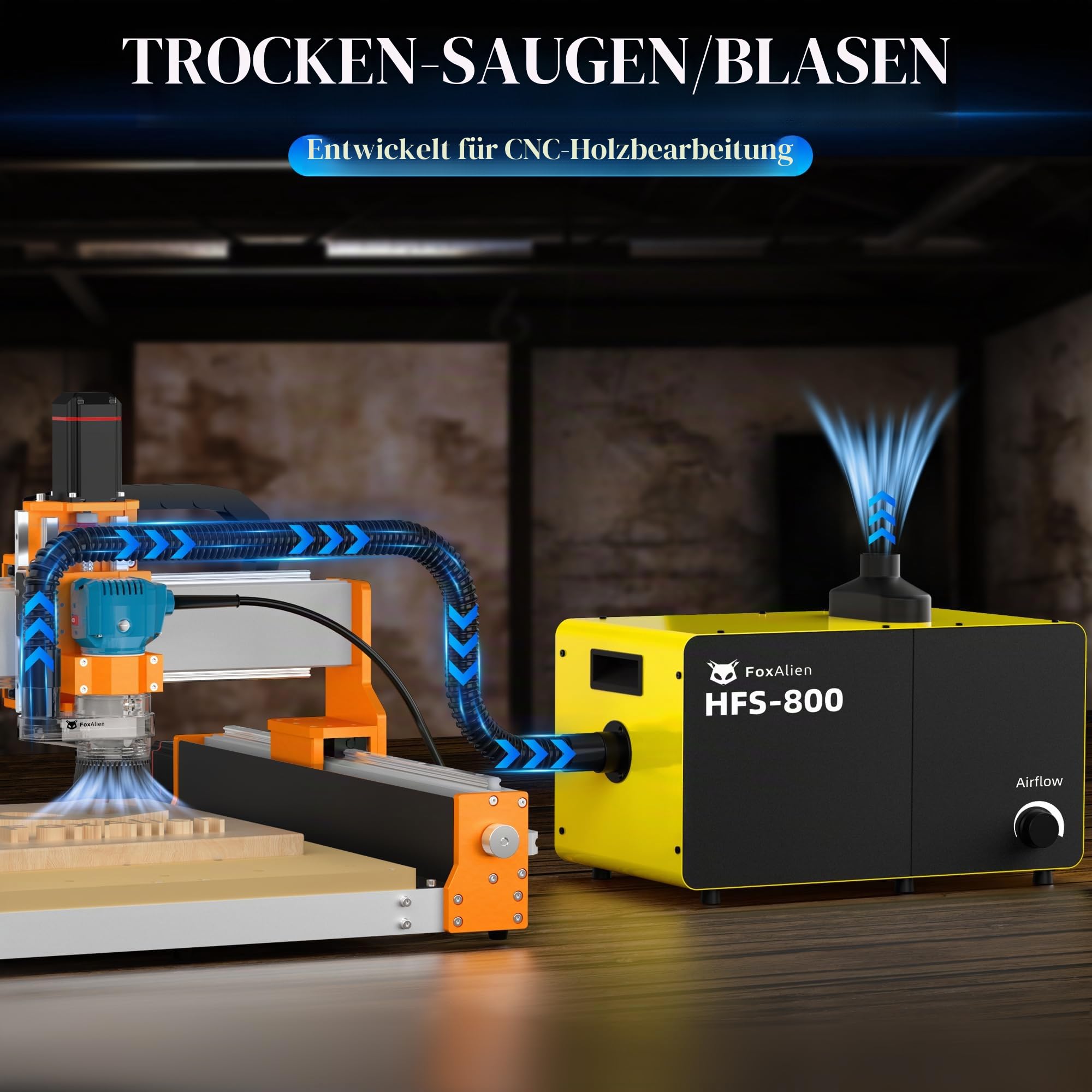 FoxAlien 800 W Desktop-Staubsammler HFS-800 mit Staubabscheider für CNC-Schneiden, Holzbearbeitung, Luftfiltersystem mit HEPA- und Kohlefilter, Luftstrom einstellbar (220 V)