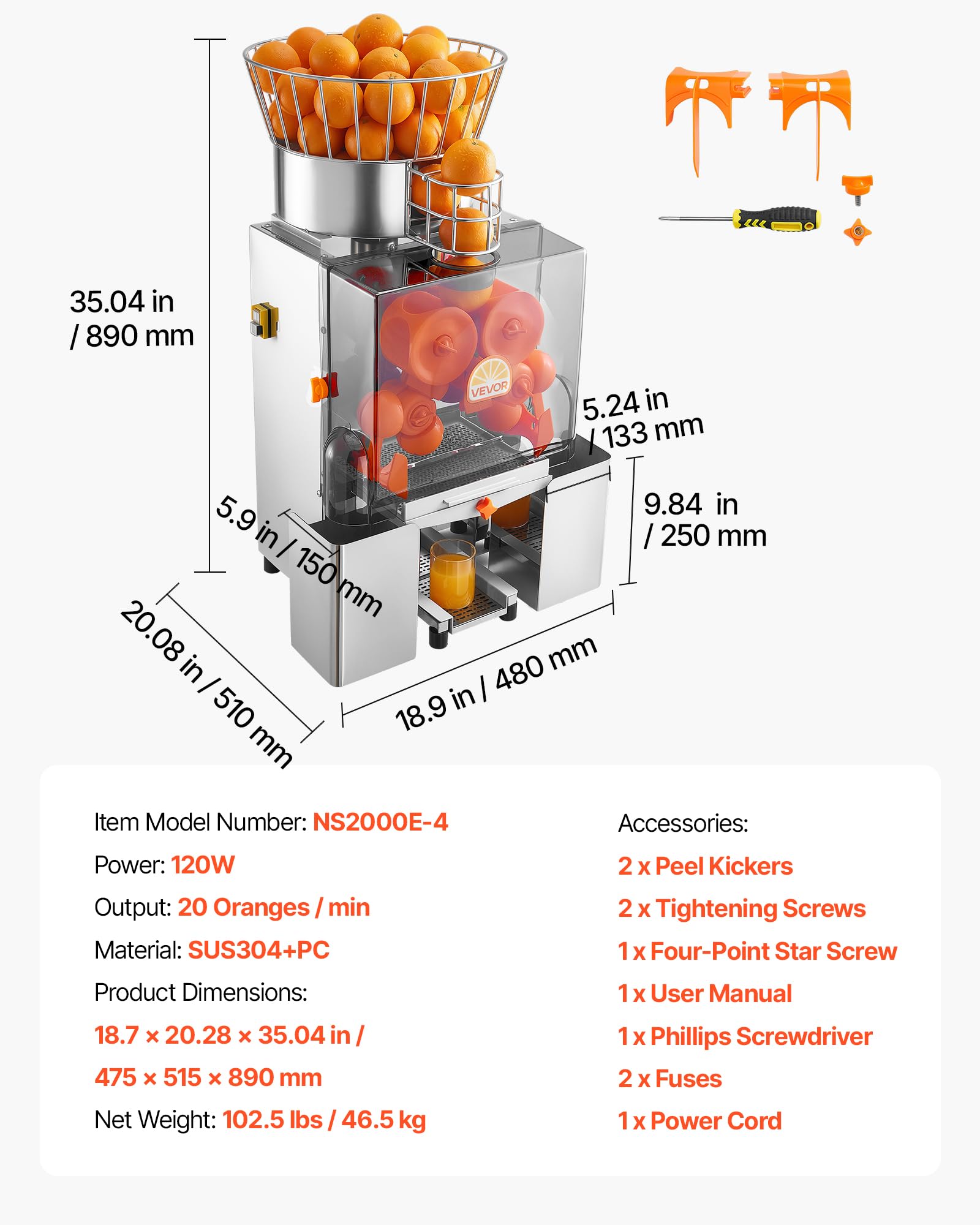 VEVOR Máquina Exprimidora Automática de Naranjas Comercial 120 W Eléctrico, De Acero Inoxidable y PC, Con 2 Recipientes, Capacidad para Hasta 20 Naranjas por Minuto, Para Limones y Cítricos 55-80 mm