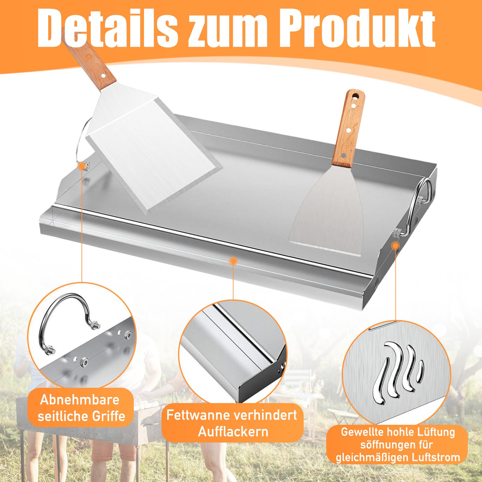 Grillplatte Set, 58 x 40cm Plancha Grillplatte mit Grillspachtel & Grillschaber, BBQ Edelstahl Grillplatte mit Verbrühschutzgriff und Grillspatel mit Buchengriff, für Gasgrill Kohlegrill Grillwagen