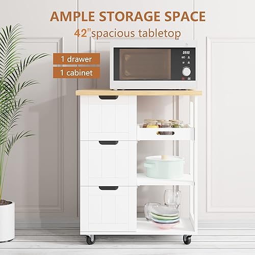 Miniatura 9 de QAQA - Carrito de isla de cocina con almacenamiento, carrito de cocina con 3 cajones y estantes abiertos, armario de cocina con ruedas para comedor,