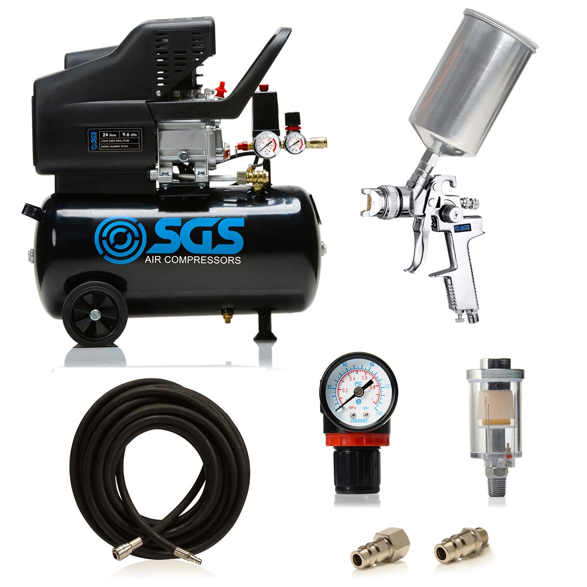 SGS 24 Litre Direct Drive Air Compressor & Spray Gun Kit - 9.6CFM 2.5HP 24L