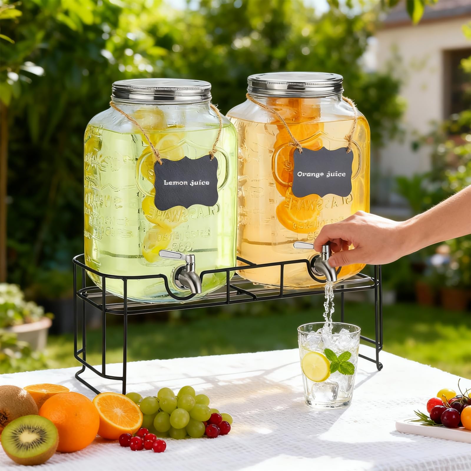 Lot de 2 distributeurs de boissons de 2 gallons pour fêtes, avec support, distributeur de carafe d'eau en verre
