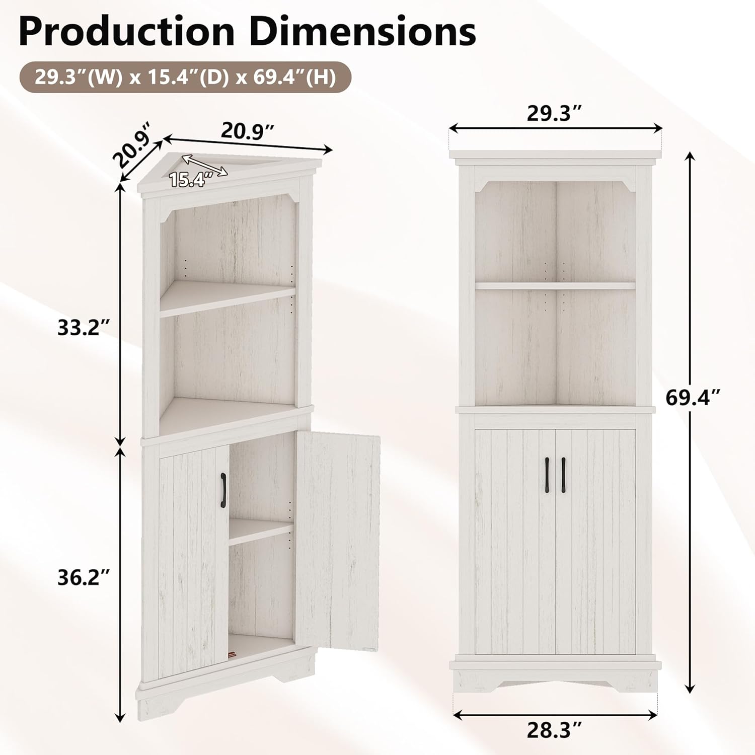 69.3" Tall Corner Cabinet with Doors and Shelves, 5-Tier Farmhouse Shelf, Wood Corner Bookshelf with Storage Home Space Saver for Living Room, Bedroom, Dining Room, Kitchen, Beige