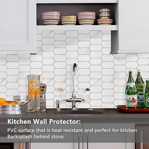 Vista 37 de Vamos Tile Azulejos hexagonales largos para despegar y pegar, 10 hojas para pegar en la pared del muro para la cocina y el baño, Calacatta dorado