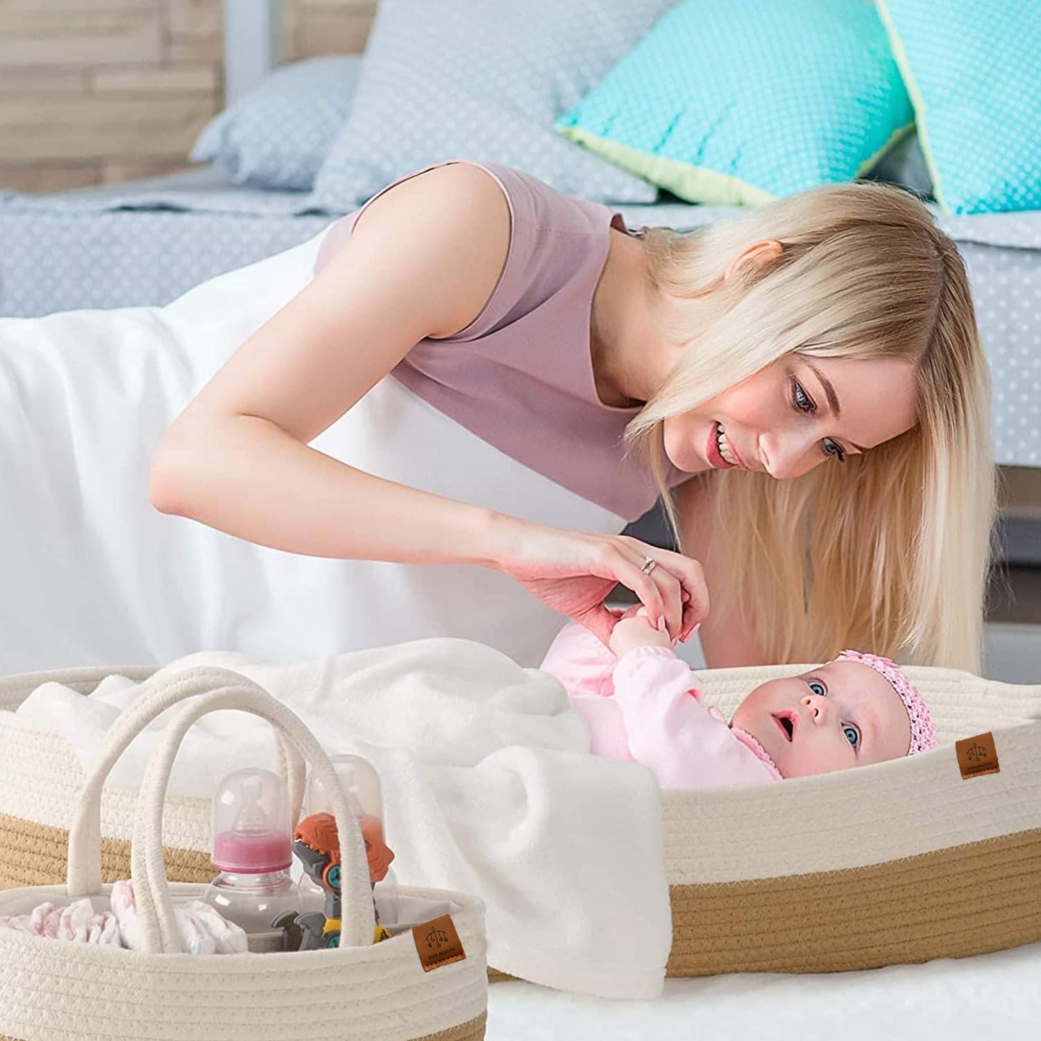 Baby Wonders® Wickelkorb moseskorb baby mit wickelauflage beige, wickelaufsatz für Kommode, baby changing pad tragbar