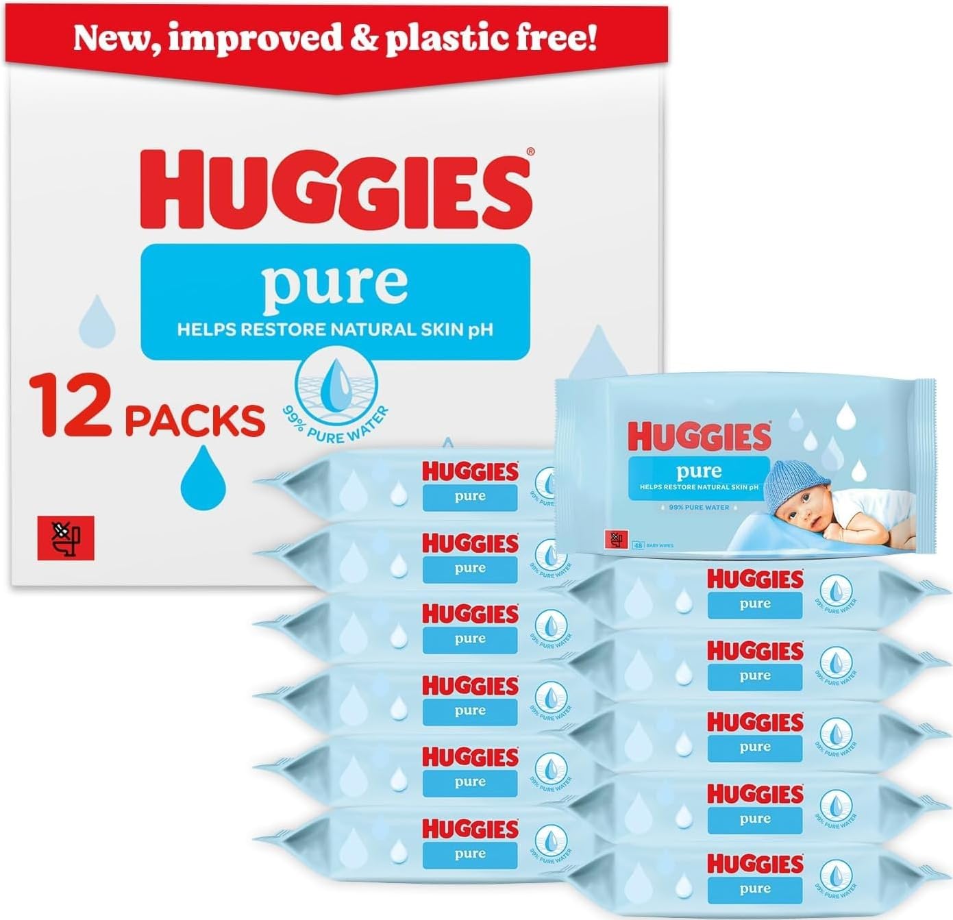 Huggies Pure Plastic Free Baby Wipes - Pack of 12 (576 Wipes) – 99% Water Wet Wipes, Fragrance Free, Hypoallergenic, Better Cleaning, Soft and Gentle on Babies' Delicate Skin