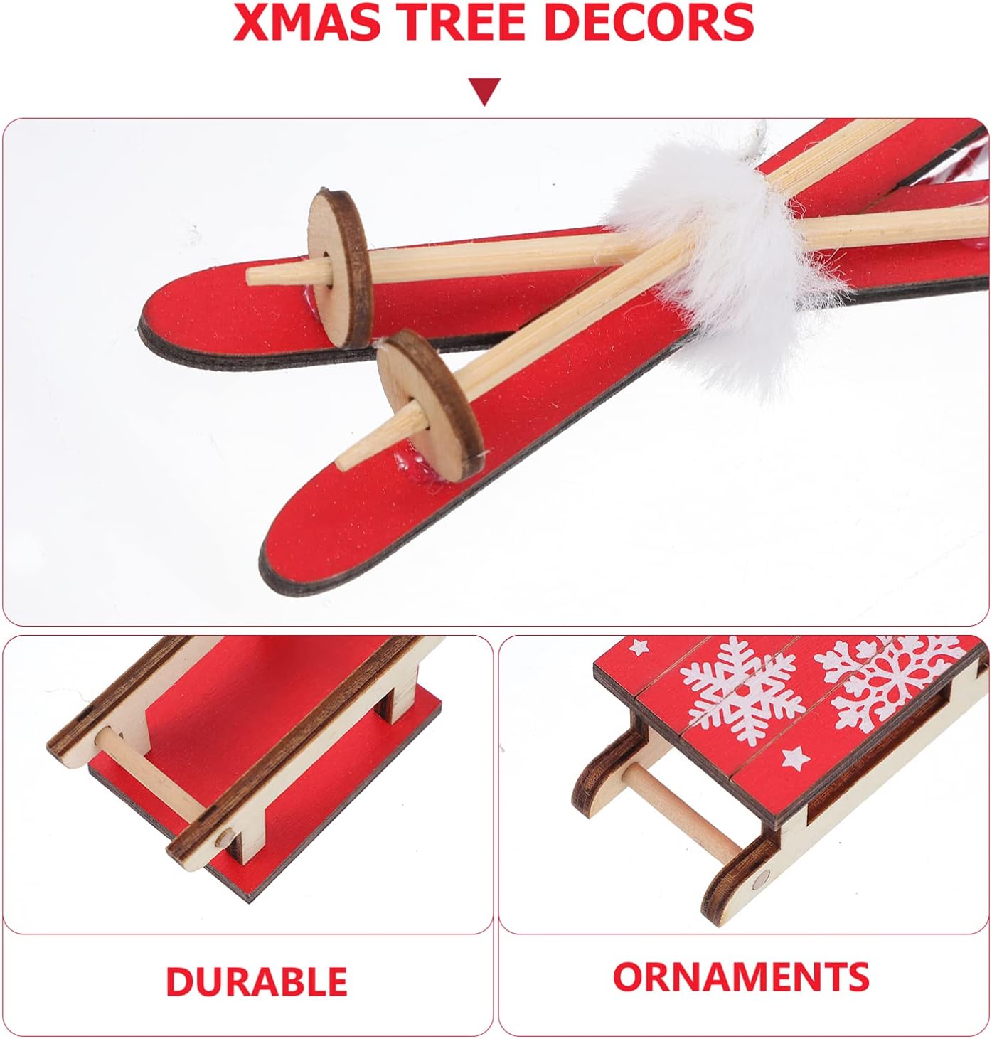 3Pcs Christmas Sled Ornament Painted Miniature Ski Snow Sleigh Hanging Pendant Tag for Xmas Tree Outdoor Indoor Wall Decor