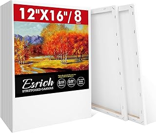 ESRICH 12x16 Stretched Canvas for Painting, 8 Pack Blank Canvases for Painting -5/8 in Profile Primed Cotton Painting Canvas for Oil & Acrylic Paint