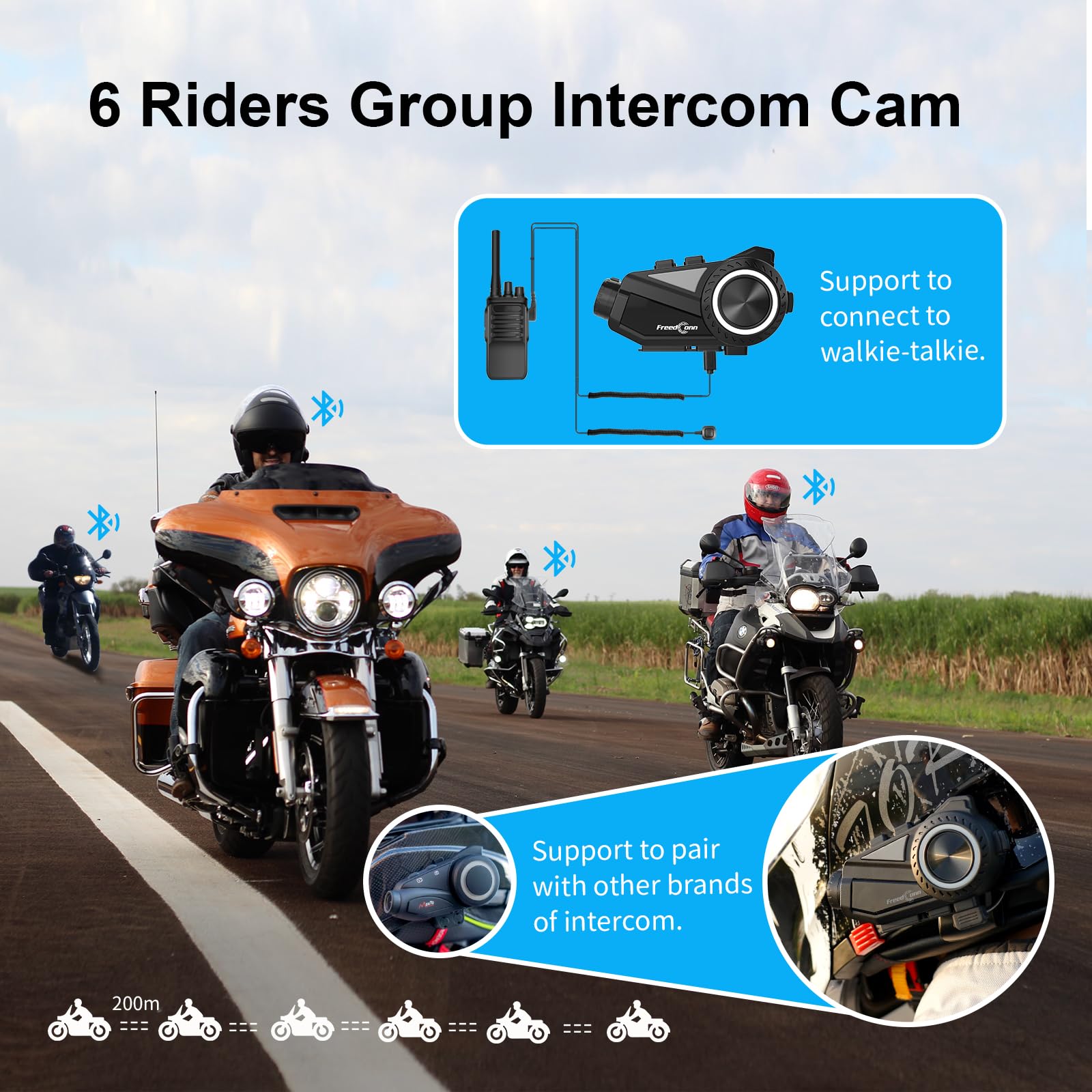 FreedConn Intercomunicador Bluetooth para motocicleta, cámara R3 con lente 2K 140°, disparo de 360°, 2-6 conductores 3200 pies, sistemas de comunicación para motocicleta, 2000 mAh, 45 horas, visión