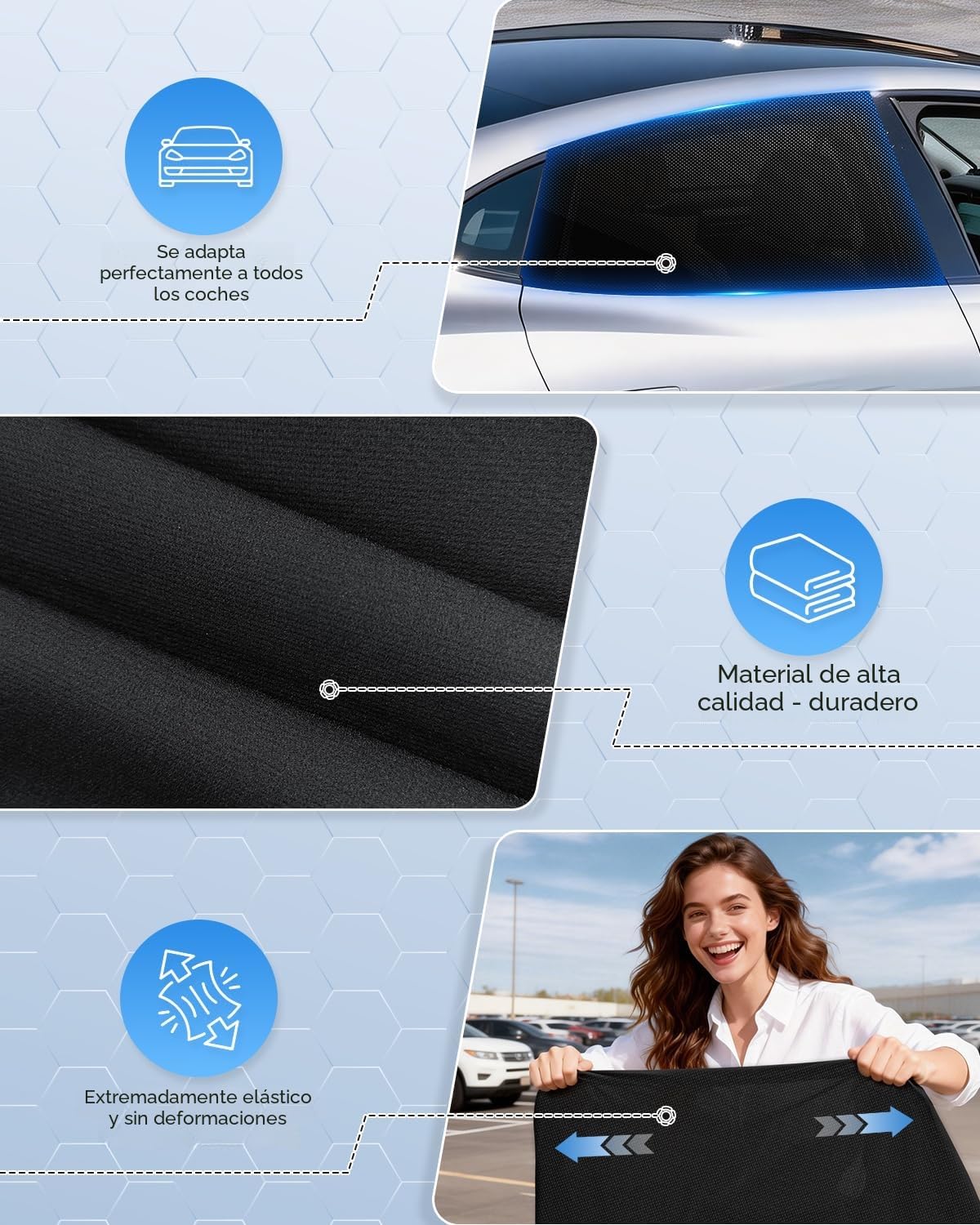 PEMOTech Parasol Coche Lateral【Tejido Spandex Transpirable&Protección UV】 Mosquitera,Protege La Privacidad Familiar,Sombrilla De 2 Piezas para Niños y Mascotas,Compatible con el 95% De Los Modelos