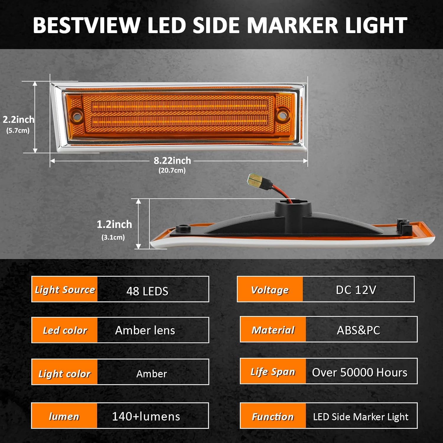 Bestview LED Side Marker Lights for 1981-1991 Chevy C10 C20 C30 GMC C1500 C2500 Suburban Blazer Jimmy Pickup Trucks, Front Fender Bumper side Marker Lights,Amber Lens（2PCS）