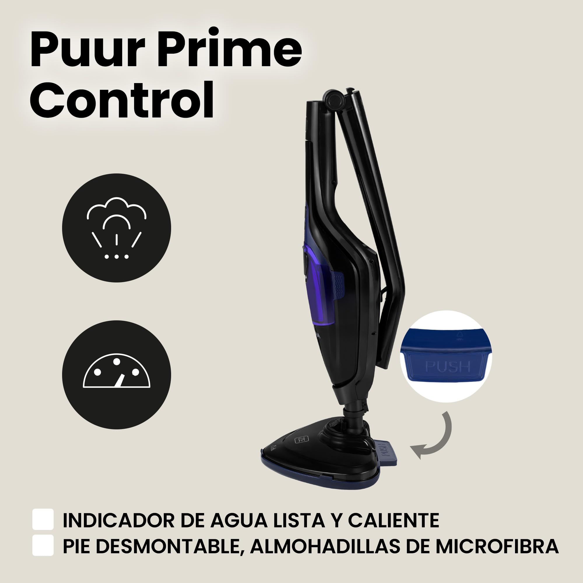 ZEEGMA Puur Prime Control – Mopa de Vapor 2 en 1 con 13 Accesorios, 1500 W, Depósito Extraíble 400 ml, Calentamiento 20 s, 3 Niveles de Vapor, Cabezal Giratorio, Cable 7 m – Limpieza sin Químicos