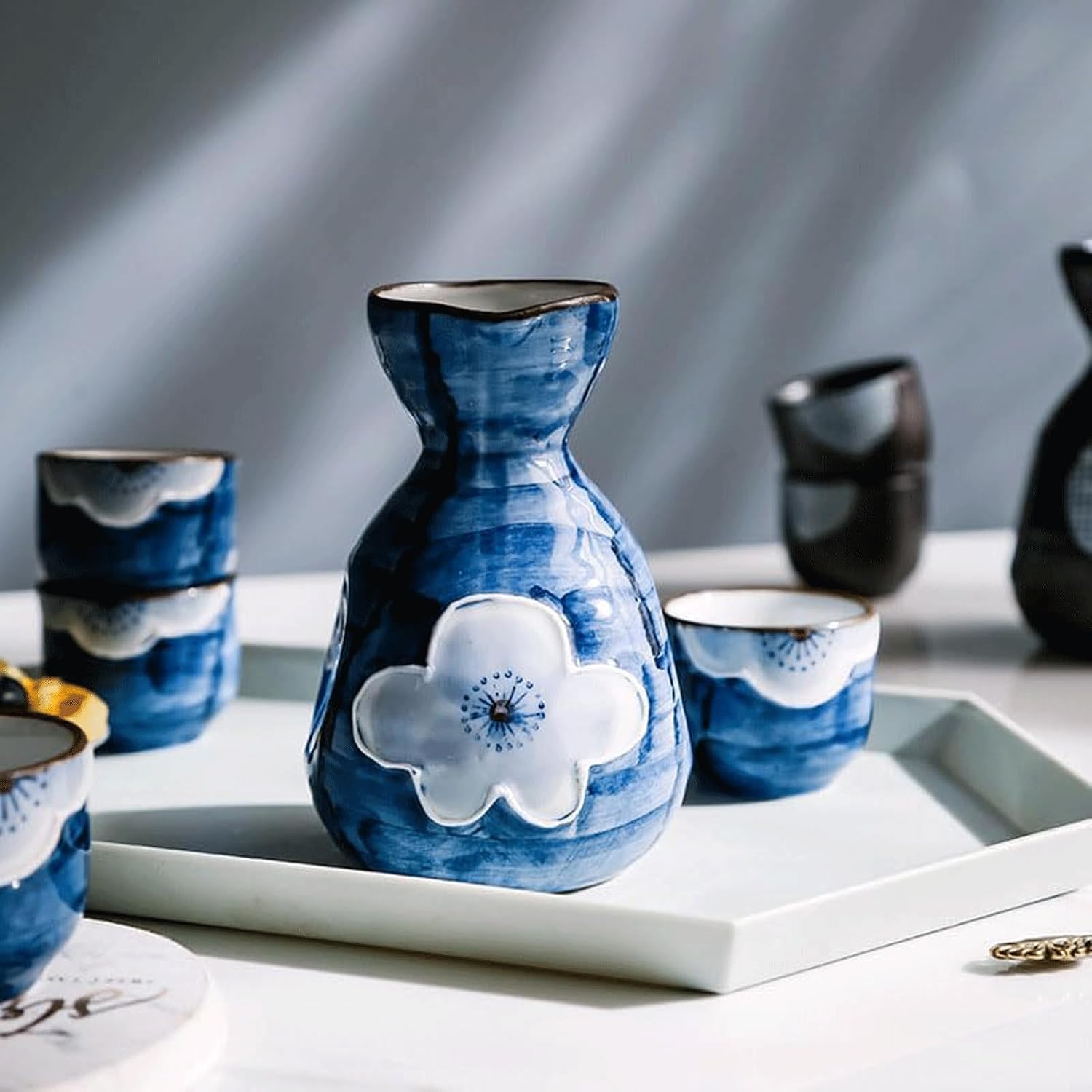 Porcelain Pottery Ceramic Wine Glasses Japanese Sake Set Blue Sake Cups Set Sake Cup Set Traditional Hand Painted Design