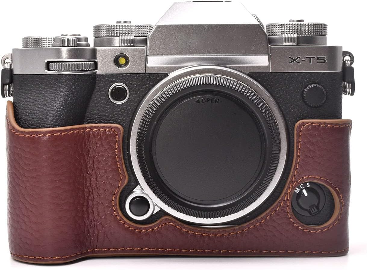 Rieibi Fuji XT5 Case - Quality Genuine Leather Half Case for Fujifilm X-T5 Digital Camera - Body Protective Grip Case for Fuji XT5 X-T5, Coffee, Photography, Travel, Outdoor Activities
