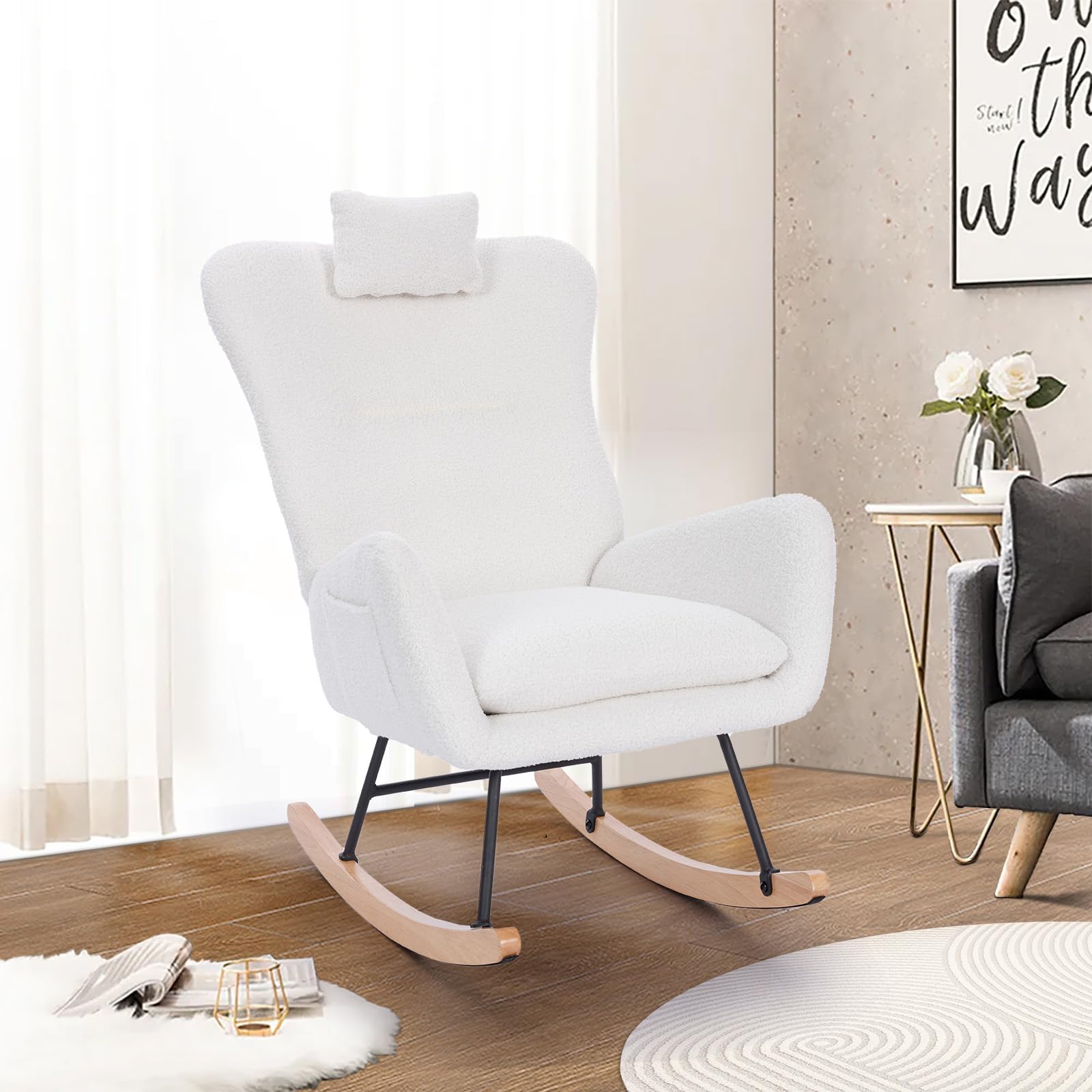 Unovivy Rocking Chair Nursery, Teddy Living Room Armchair with Wood Base, Baby Glider Rocker with Headrest & Side Handy Cocket, Small Gliding Seat for Bedroom, Office, 36" H, Pure White