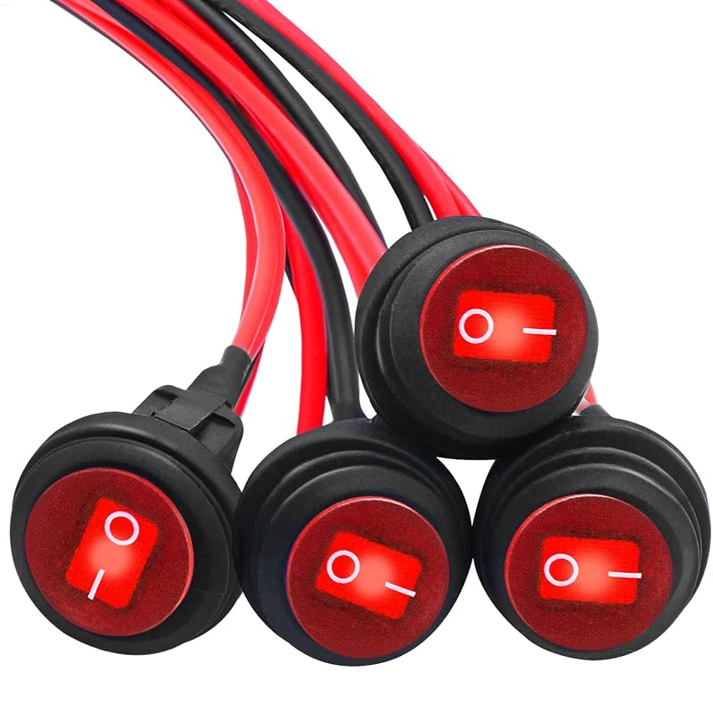 Chave Gangorra Rocker Redonda mankk 12 V 20 A SPST com LED Vermelho e Fios – Kit com 4 unidades