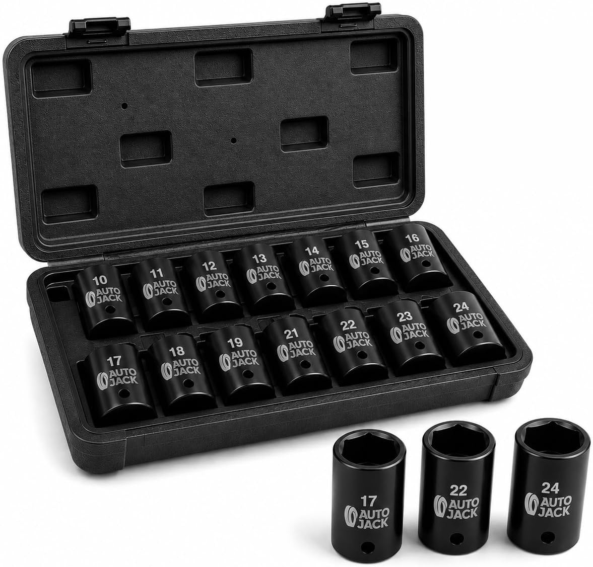 Autojack 13pc Impact Socket Set 1/2 Inch 10-24mm 1/2 Socket Sets | 13pc 1/2" drive metric socket set with 6-point CR-V sockets, black phosphate finish and robust carry case.