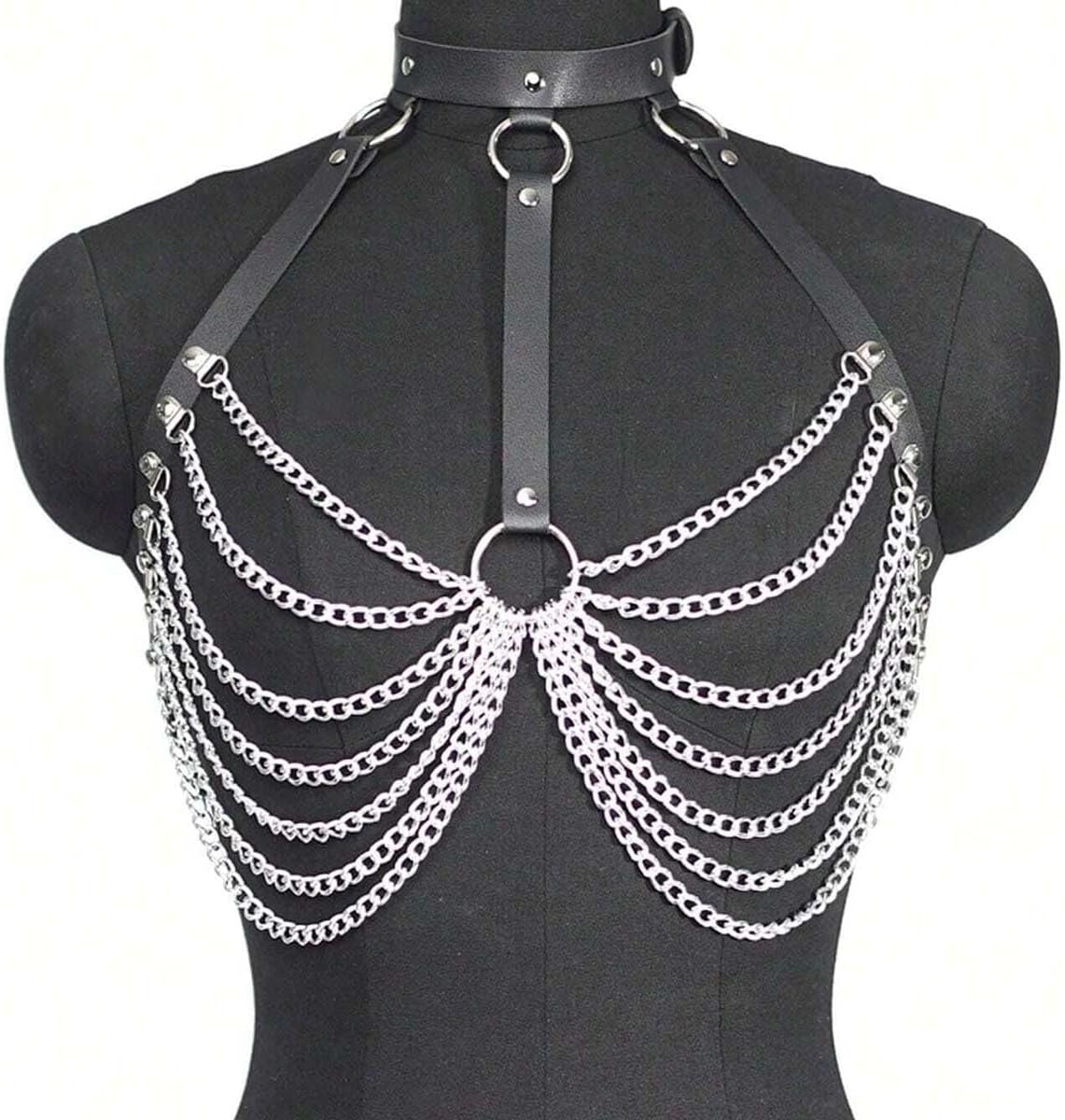 Women Adjustable Chain Belt Harness Faux Leather Alloy Body Chain Top for Layered Outfits Festival Party Styling(Underbust 34.3-39.4in)