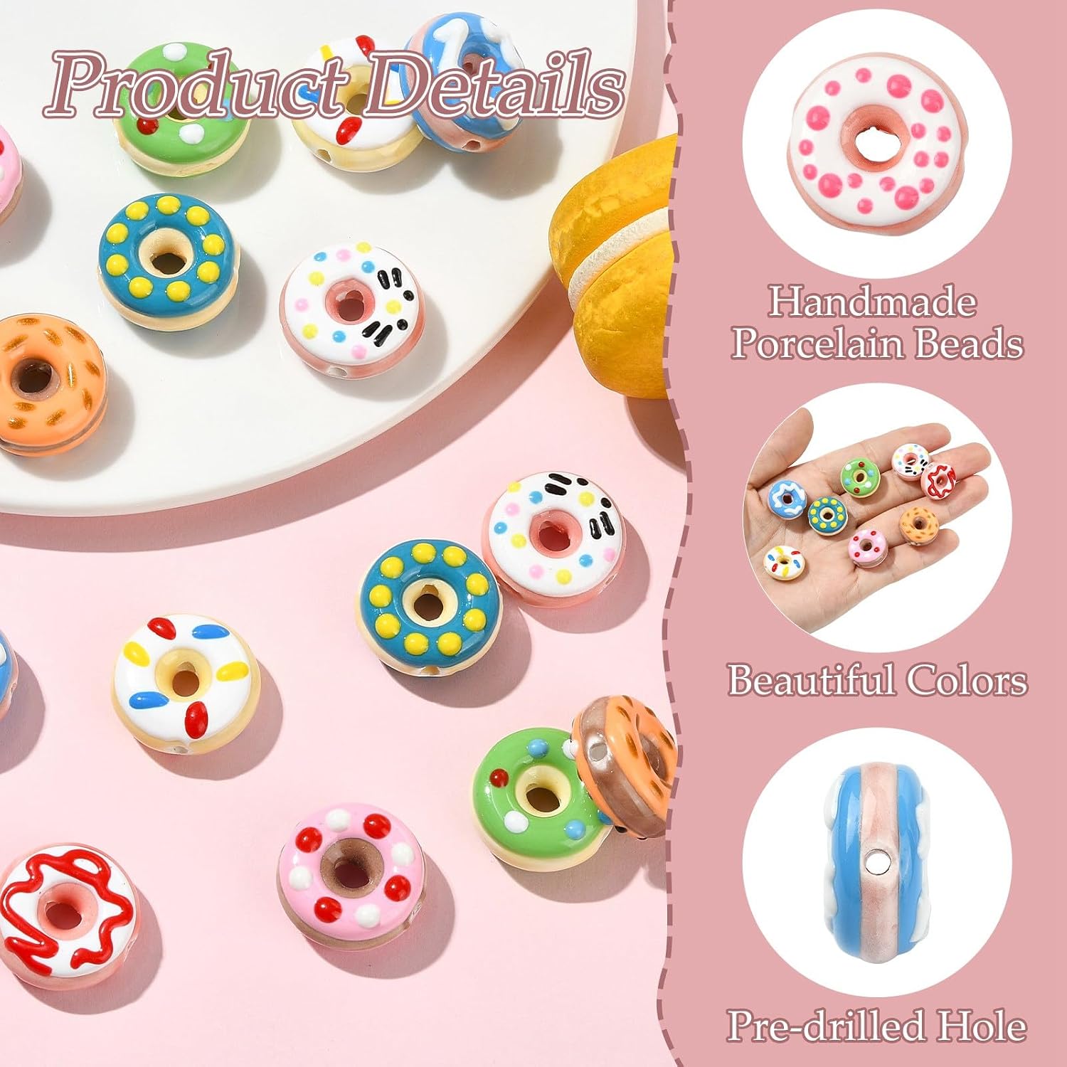 KitBeads 16Pcs 8 Styles Porcelain Donut Beads 18mm Round Doughnut Dessert Food Beads for Jewelry Making Bracelets Keychains Pens Crafts