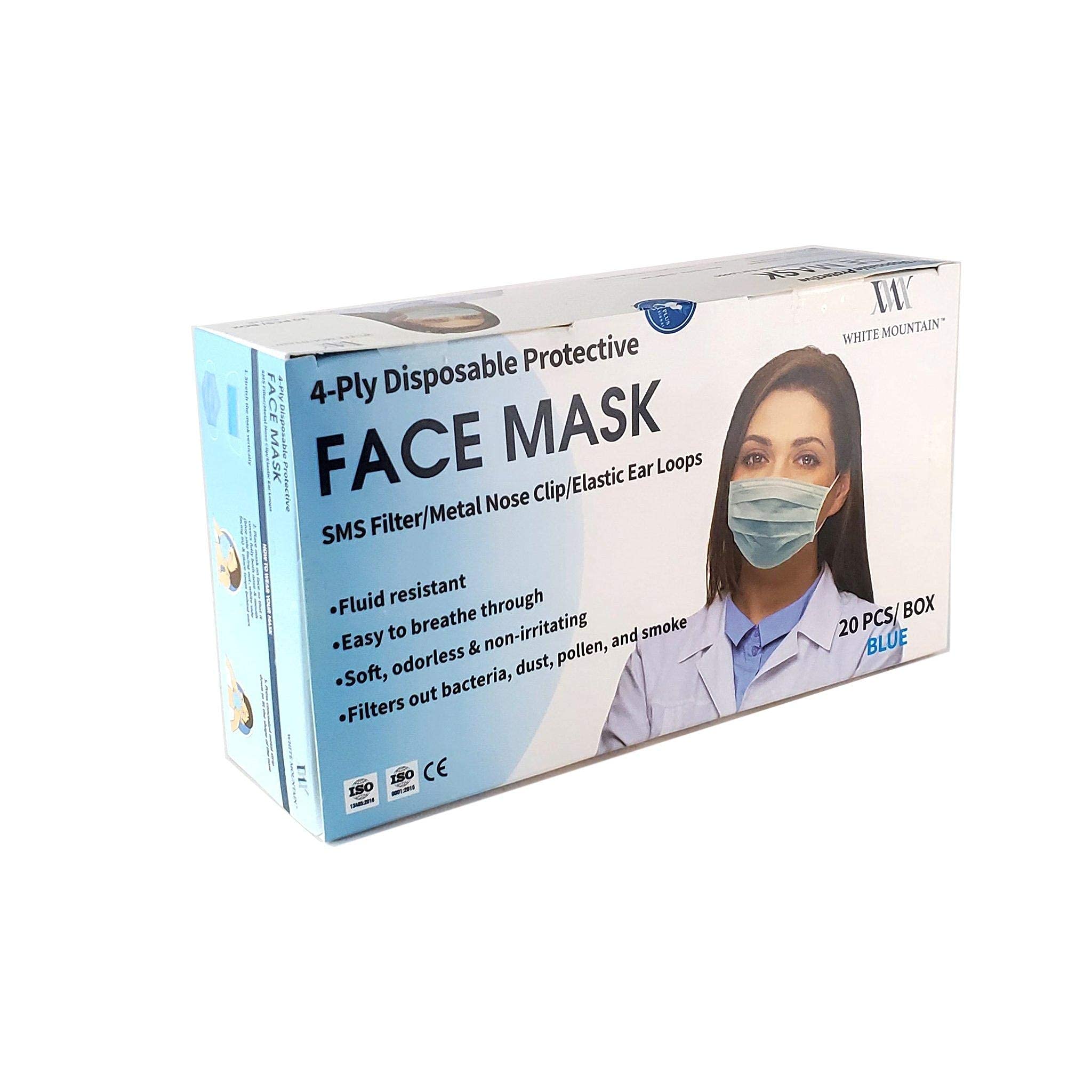 White Mountain 4-ply Disposable Face Mask - 20 pack. Blue - Not Made-In-China - Metal Nose Clip - Breathable Comfortable Safety Mask for Indoors & Outdoors