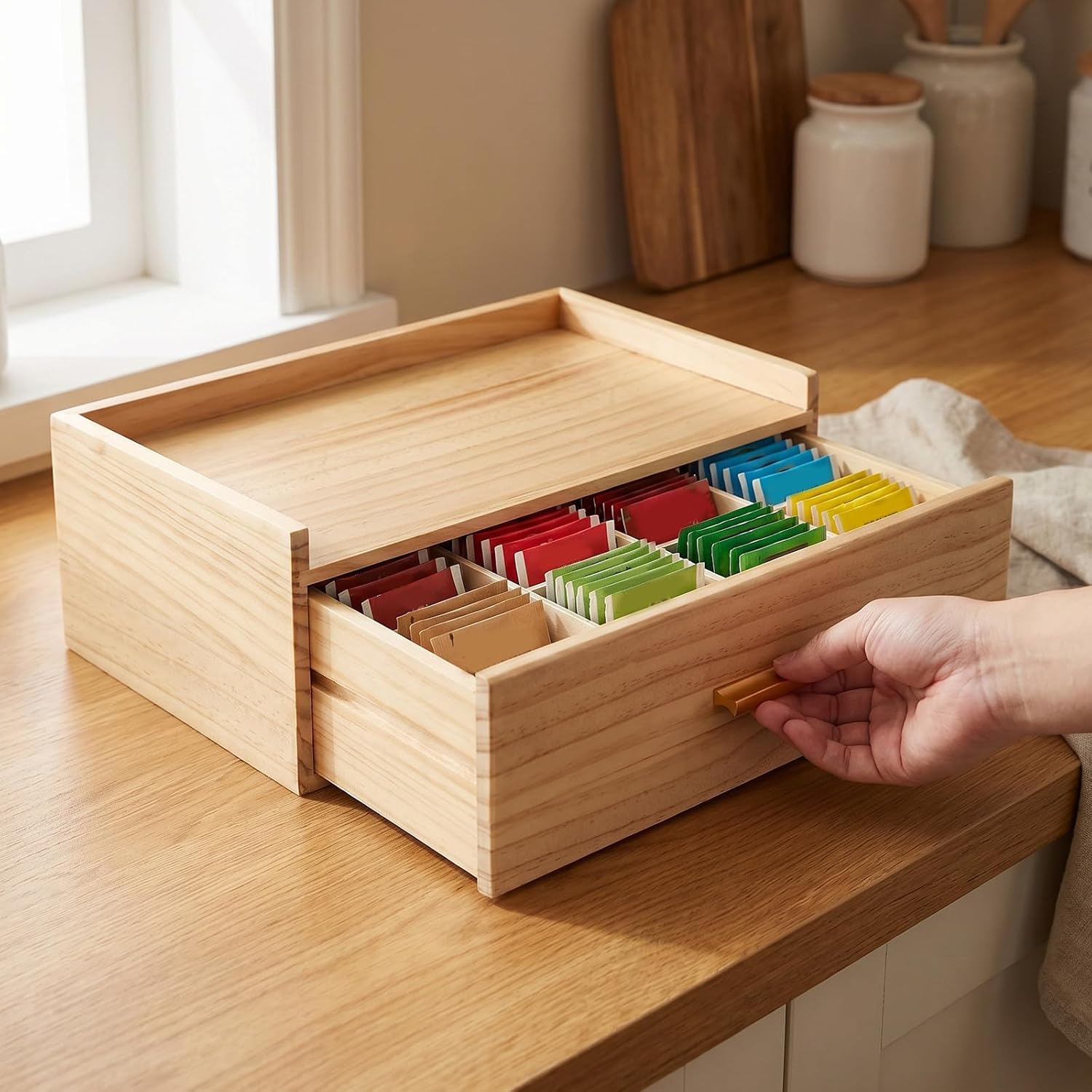 VILLCASE Tea Chest Box Organizer Bag 8 with Wooden and Compartments Drawer, Compact Design Tea Packet Storage for Countertops and Office Use