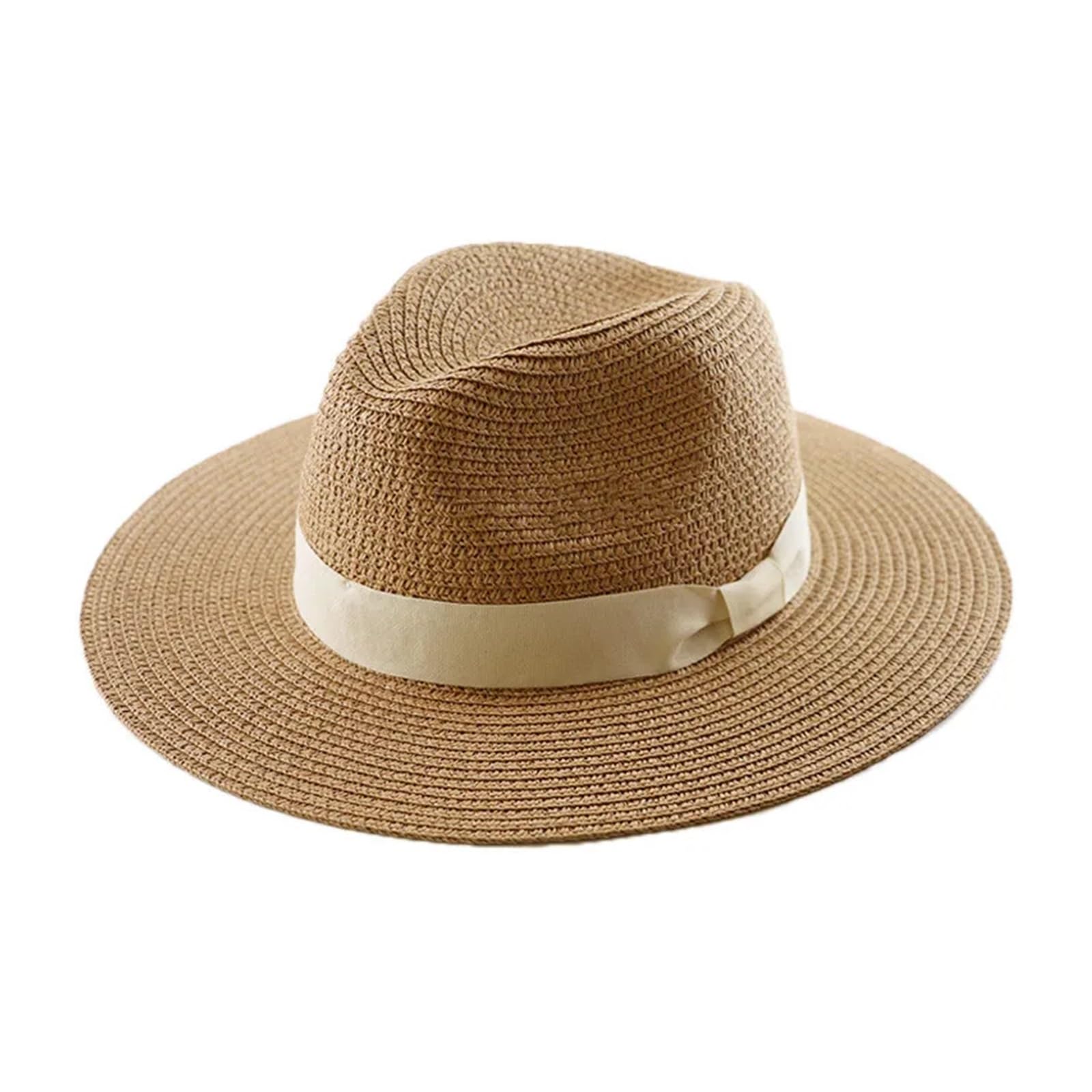 Cappello Estivo Donna Cappello di paglia a testa grande con cappello pieghevole in paglia intrecciata Plus Size 60-64cm Cappello a cilindro da uomo Protezione solare Cappello ombreggiante(Khaki B,61-6