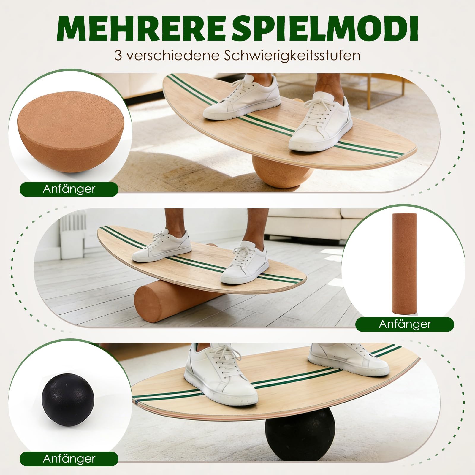 Tabla de equilibrio, tabla de equilibrio de madera para adultos con rodillo de corcho, semiesfera de corcho y pelota de goma, entrenador de equilibrio con tratamiento de superficie antideslizante