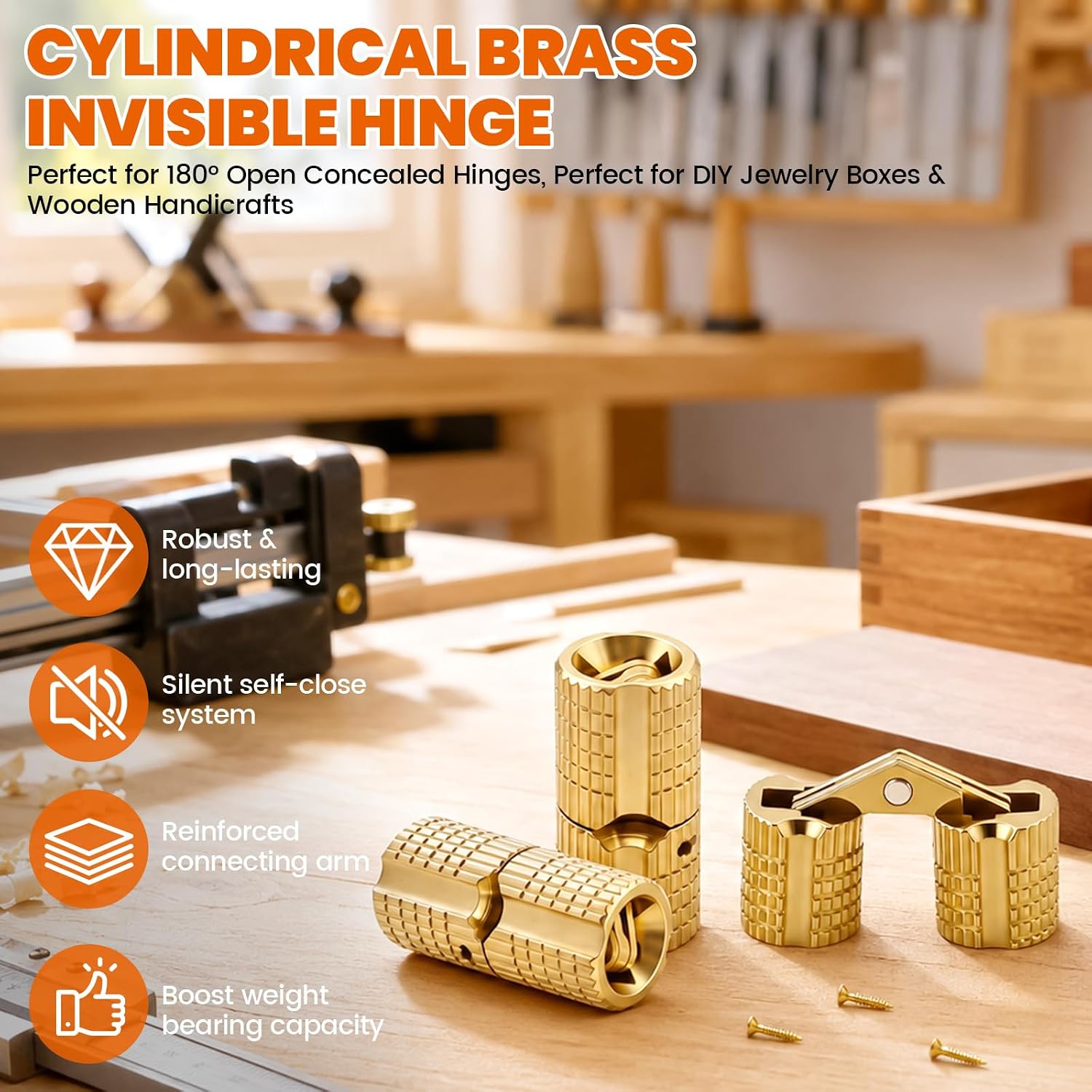 Hidden Barrel Hinges with Drill Bit, Screw, Depth Stop Collar, Hex Wrench