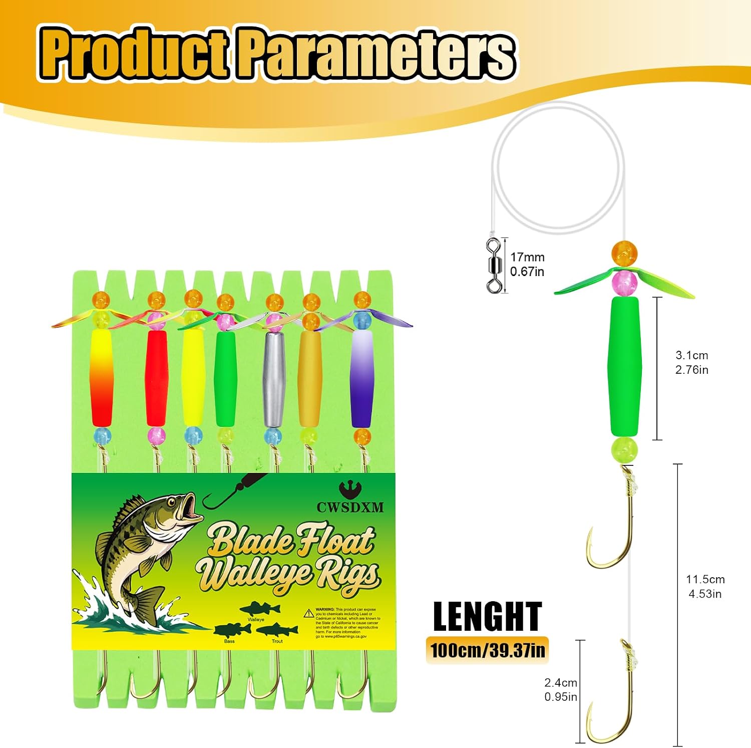 Blade Spinner Walleye Rigs, Combo with Propeller Spinner, Float, Fluorocarbon Leader and Double Hooks Slow Trolling Worm Harness Fishing Rig, 7-Pack