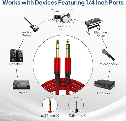 Miniatura 6 de Elebase - Cable macho recto de interconexión TRS de 14 de pulgada, de 0.25 pulgadas, guitarra eléctrica, bajo, teclado, mezclador, amplificador,