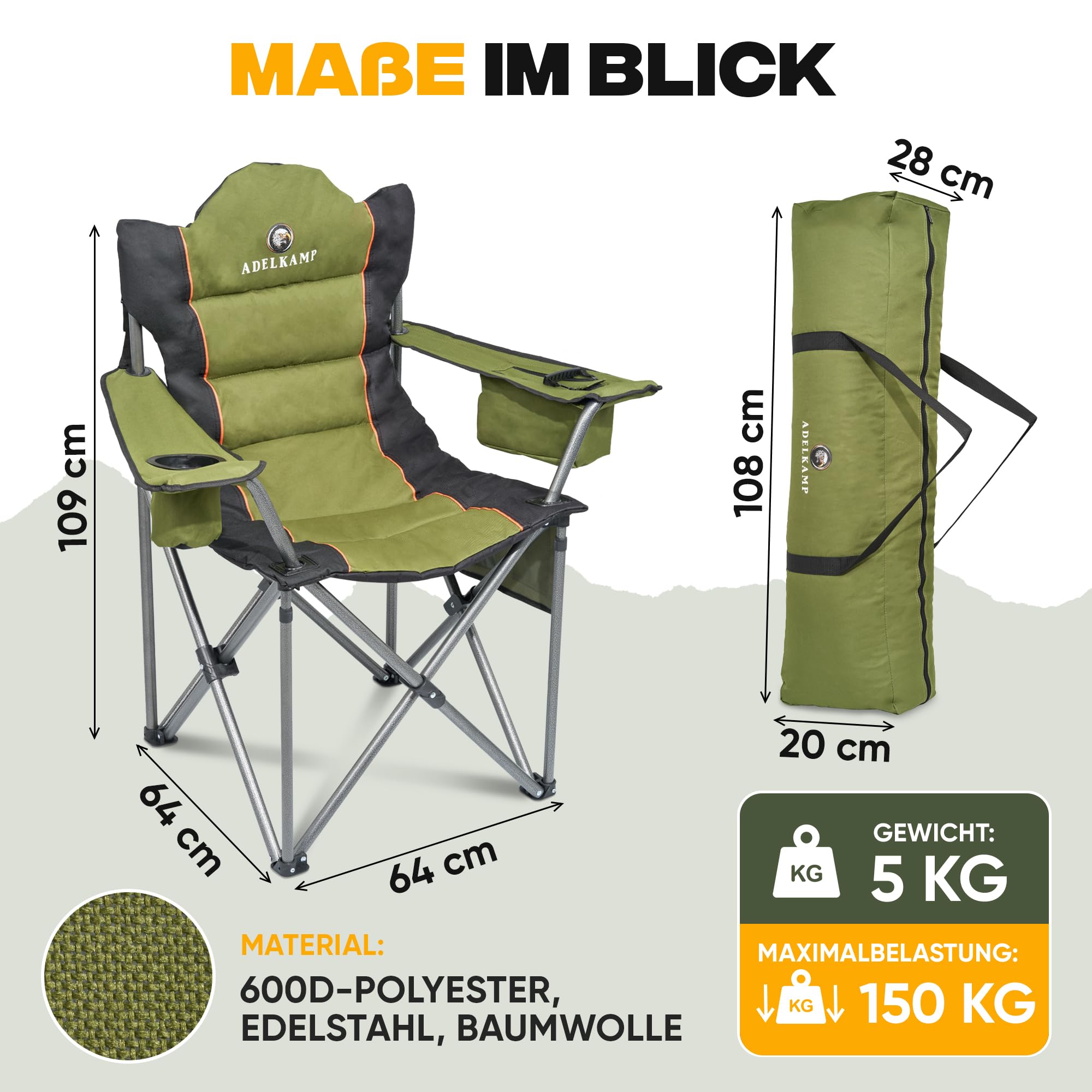 Campingstuhl Faltbar [Dick gepolstert] Ultragroß | Hoher Komfort | 150kg Belastbar | Mit Kühltasche & Getränkehalter – Testsieger 2024, Luxus Premium, Olivgrün