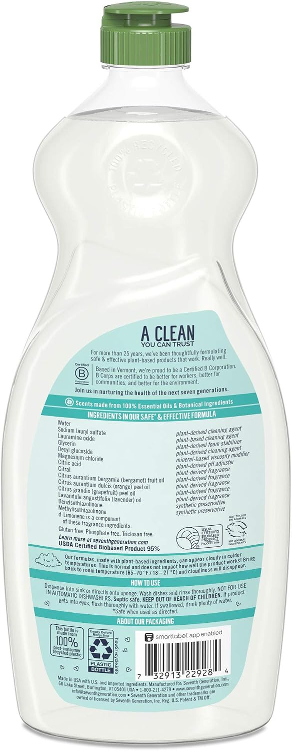 Seventh Generation Ultra Power Plus Dish Liquid Soap, Fresh Citrus Scent, 22 Fl Oz (Pack of 6)