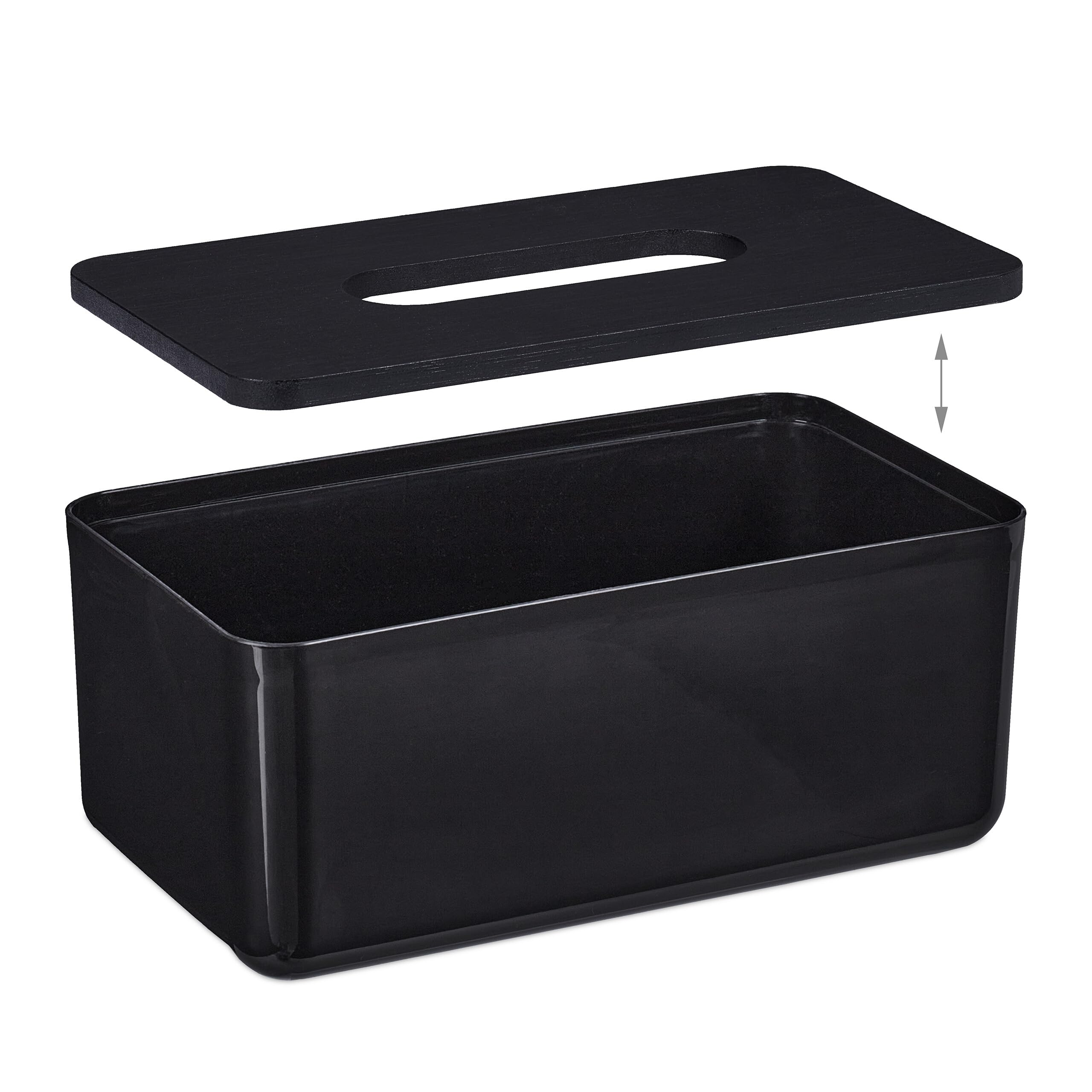 Relaxdays Contenitore per Fazzoletti con Coperchio in bambù, per Salviettine Igieniche, HLP 10x23x13 cm, Plastica, Nero