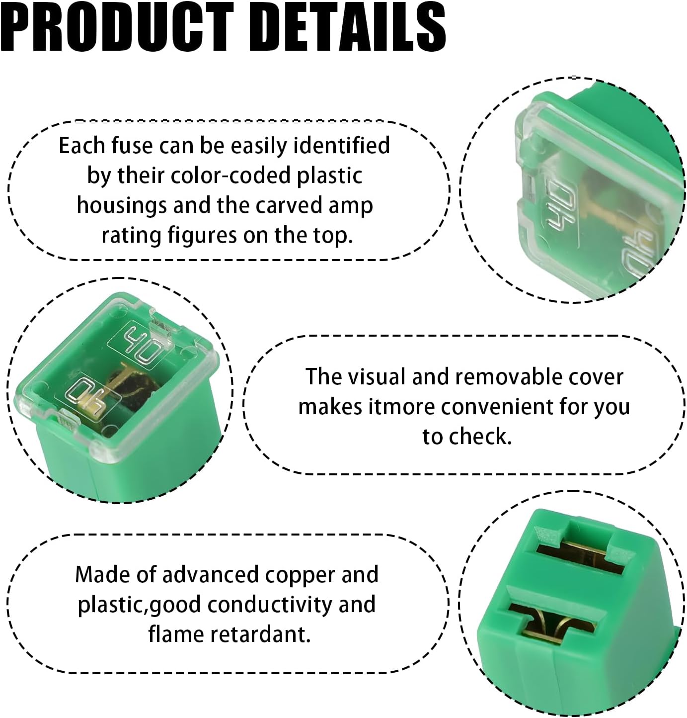 10 PCS Low Profile Fuse Square Car Fuses Assortment Kit, Low Profile Box Shape Inline Fuse for Trucks, Cars and SUVs, 20 A/30 A/40 A/50 A/60 A
