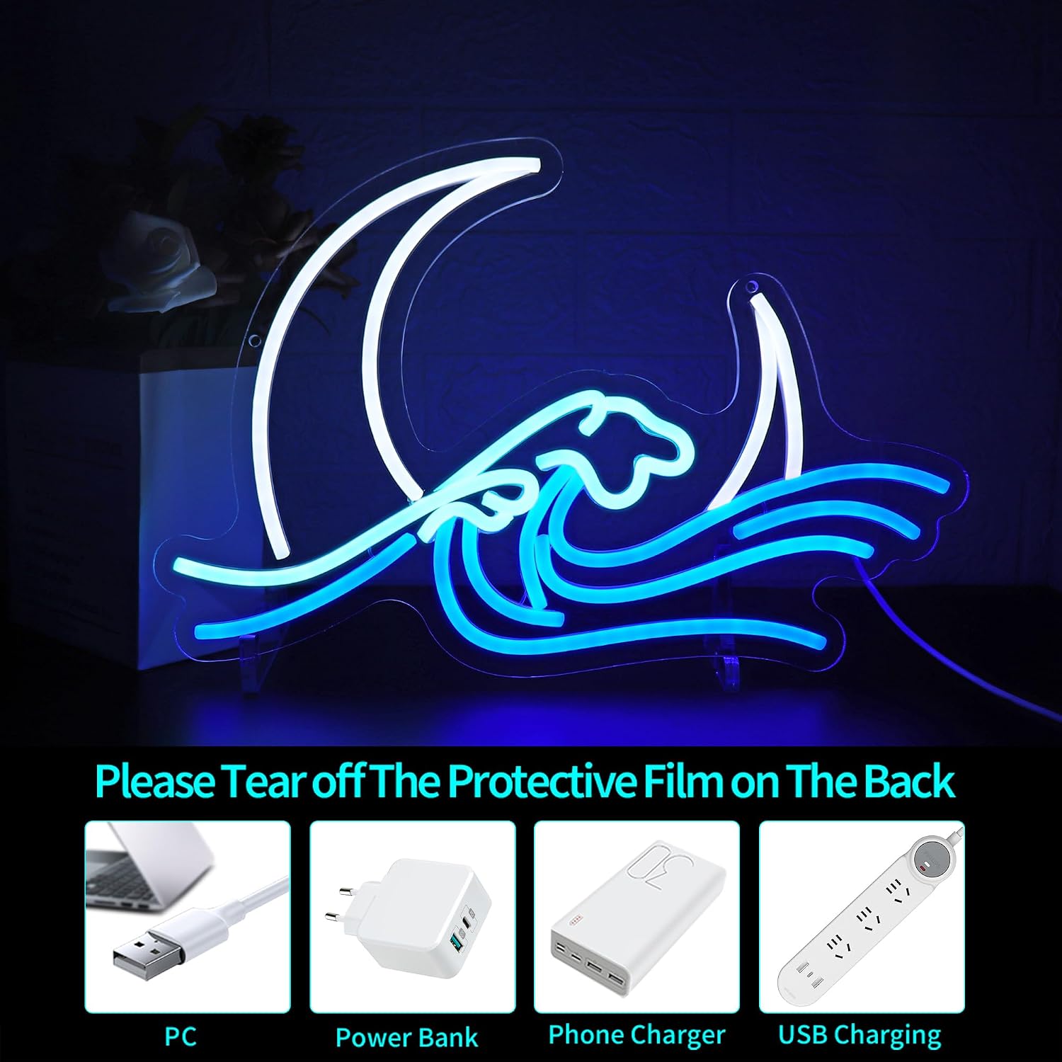 Neon Sign, HSJNJKFU Sunset Moon Sea Neon Signs for Wall Decor, Moon Waves Led Sign for Room Birthday Party Home Wall Decor White Blue Light Sign USB Powered